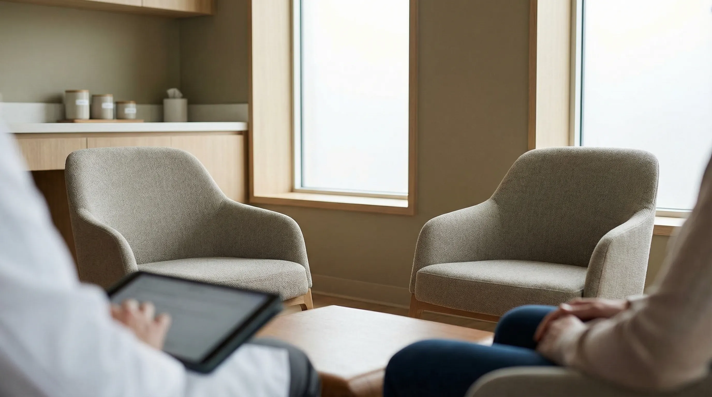 Physician in white coat with stethoscope welcoming a patient at a clean modern urgent care clinic entrance in Midland, TX with clear West Texas sky