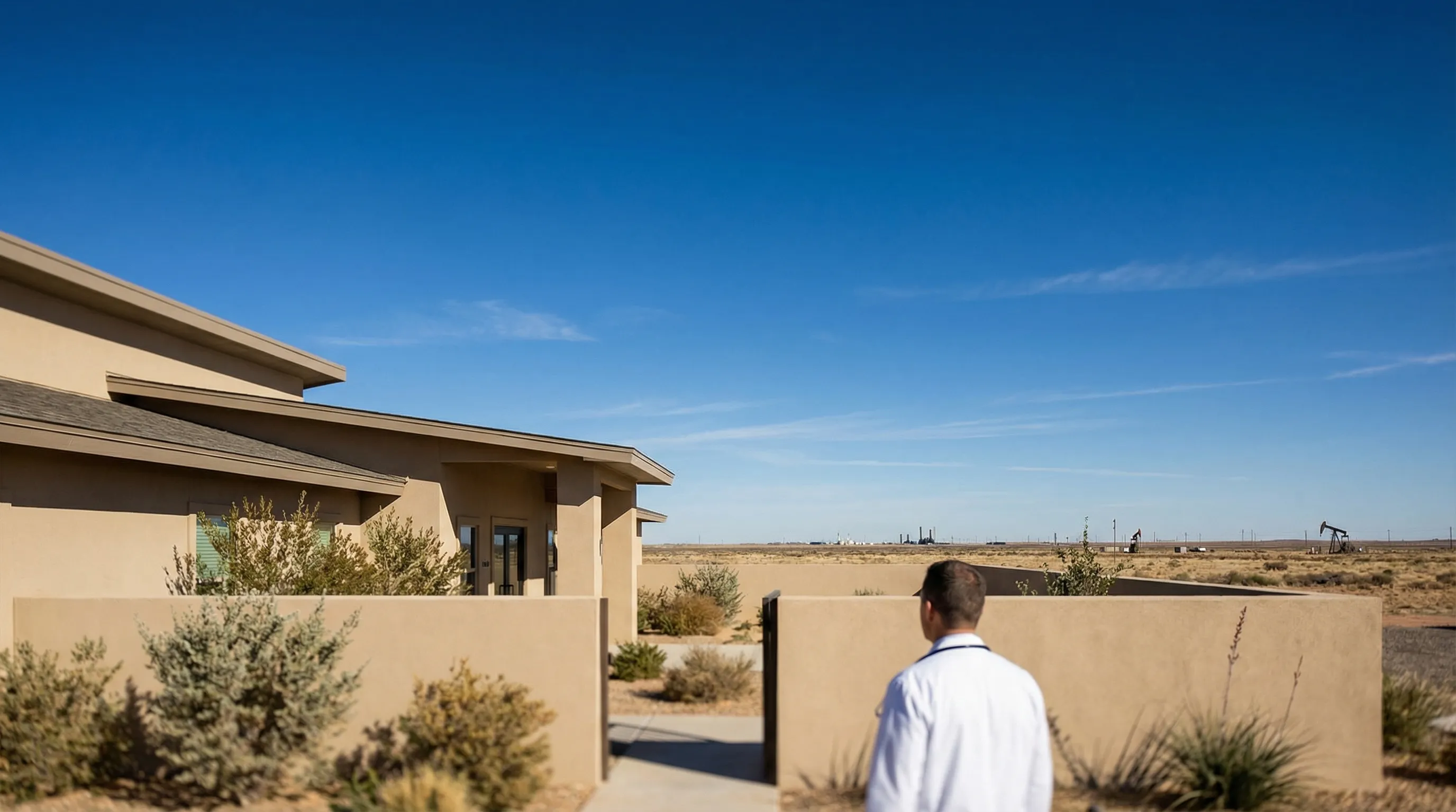 Physician in white coat with stethoscope welcoming a patient at a clean modern urgent care clinic entrance in Midland, TX with clear West Texas sky