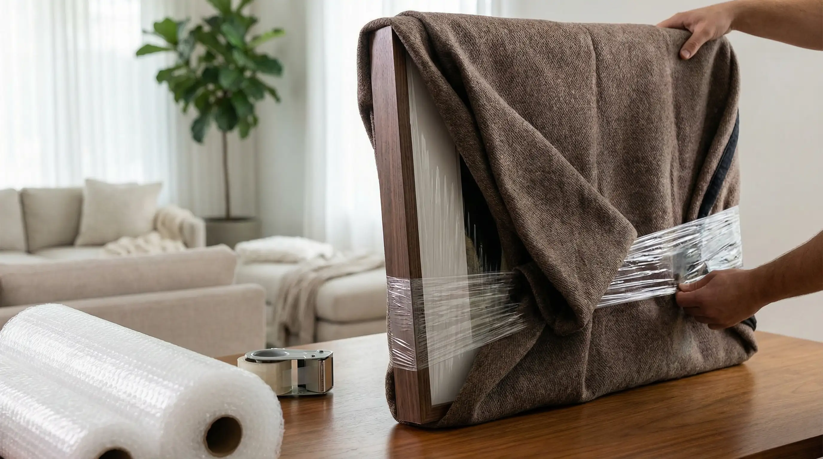 Professional moving crew in branded uniforms carrying furniture to a moving truck outside a new Midland, TX home under a clear West Texas sky