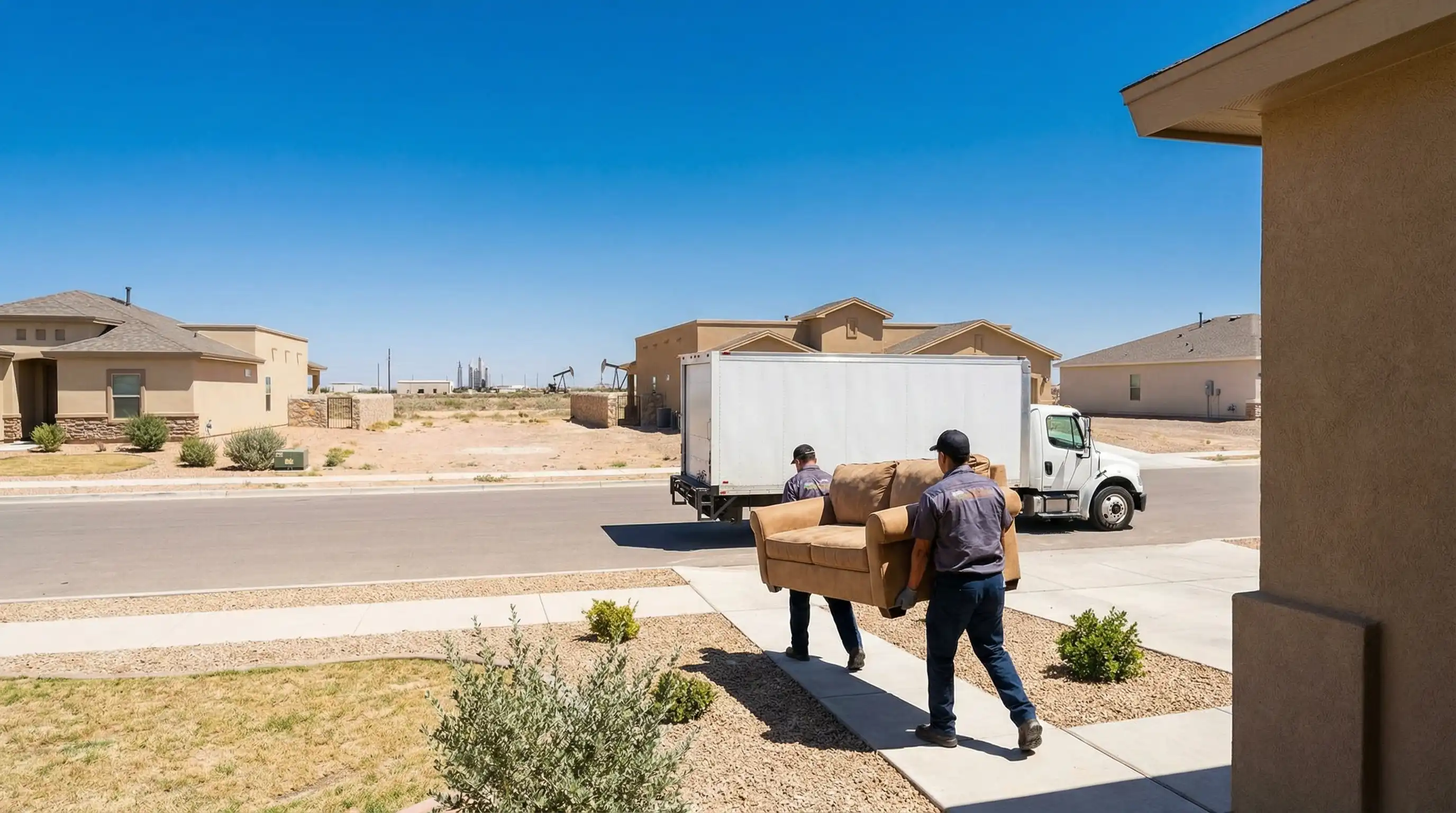 Professional moving crew in branded uniforms carrying furniture to a moving truck outside a new Midland, TX home under a clear West Texas sky