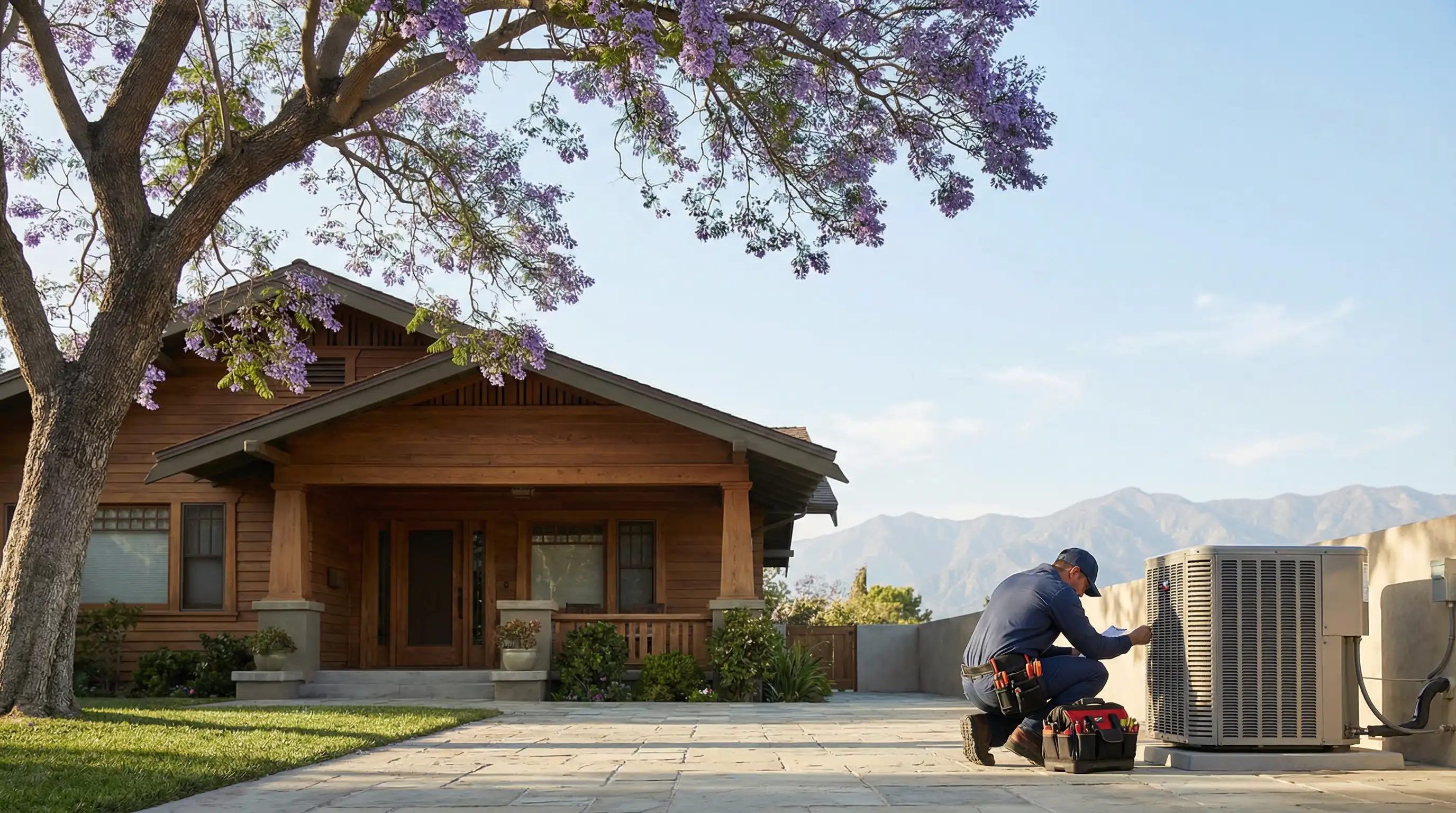 Professional HVAC technician inspecting AC condenser on a Craftsman home in Pasadena, CA