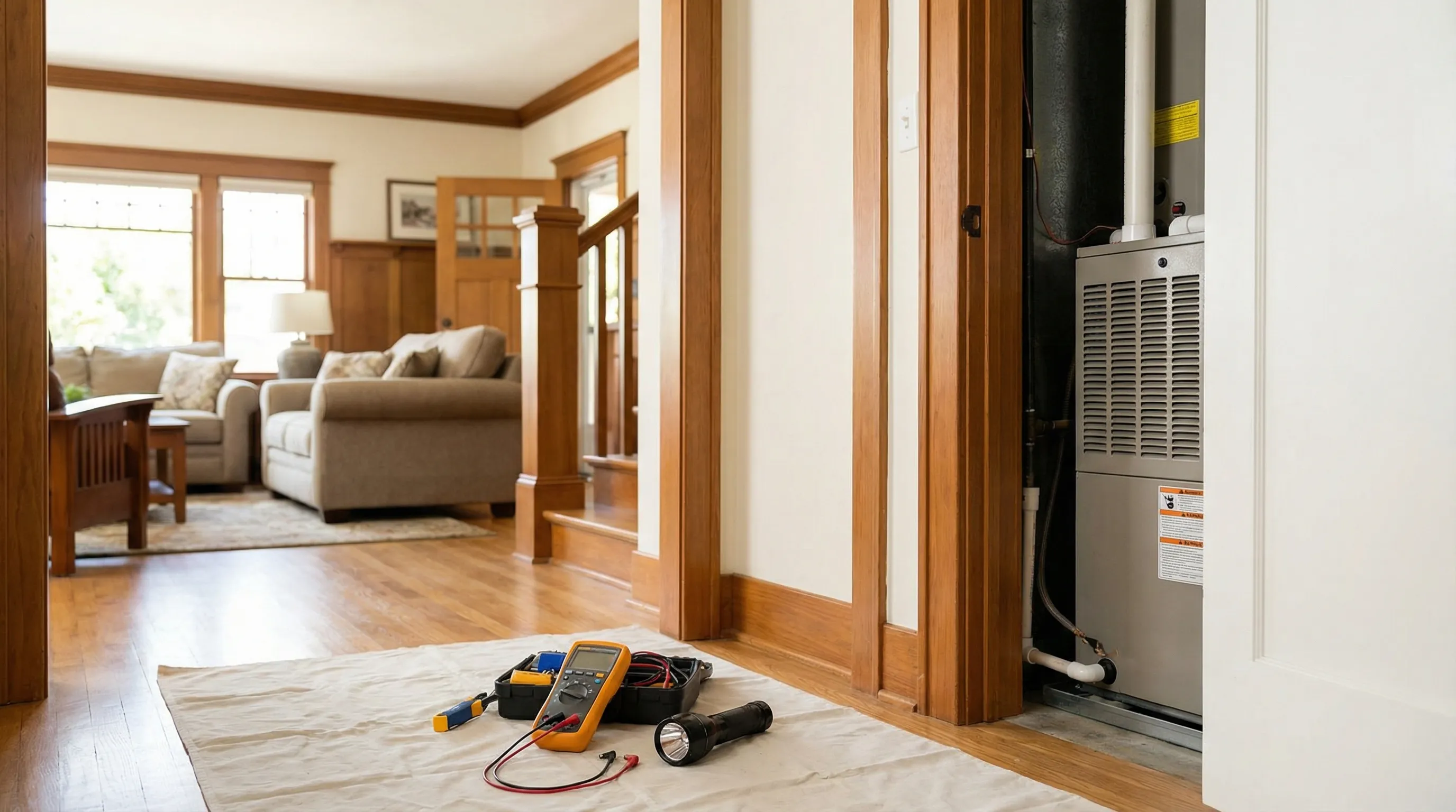 Professional HVAC technician inspecting AC condenser on a Craftsman home in Pasadena, CA