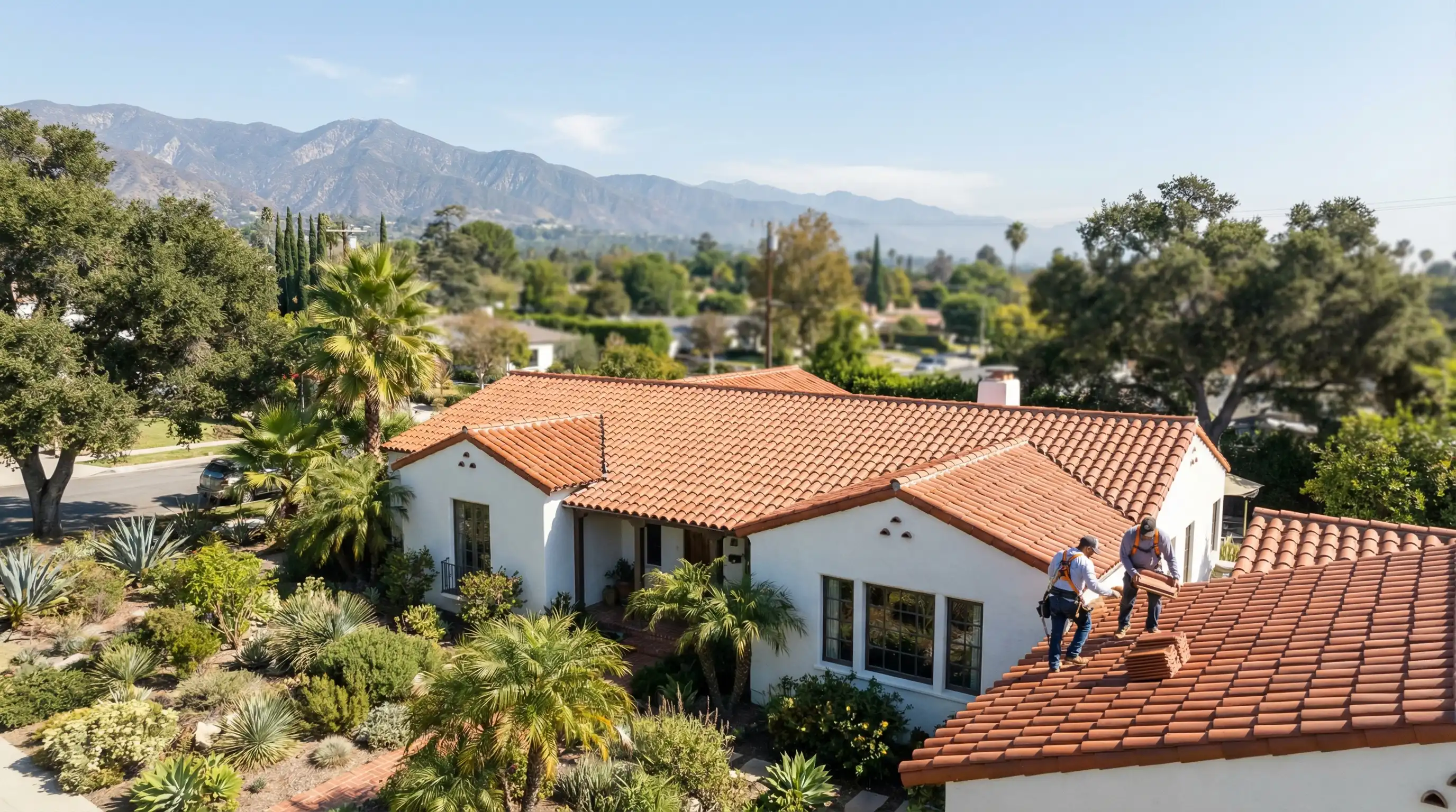Professional roofer installing clay tile on a Spanish Colonial Revival home in Pasadena, CA