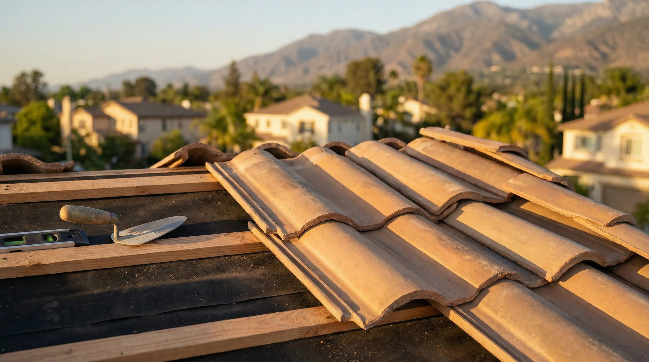Professional roofer installing clay tile on a Spanish Colonial Revival home in Pasadena, CA