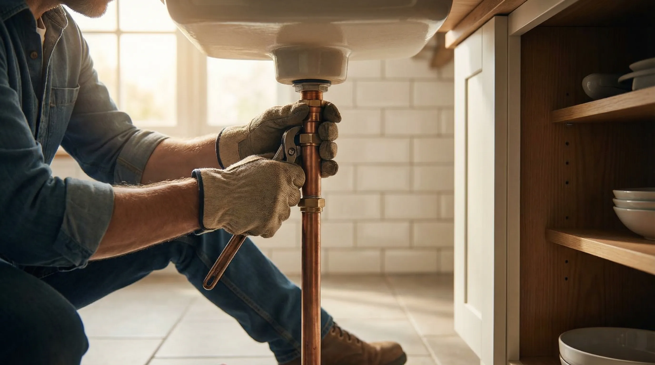 Professional plumber working on copper pipe connections in a Craftsman home in Pasadena, CA