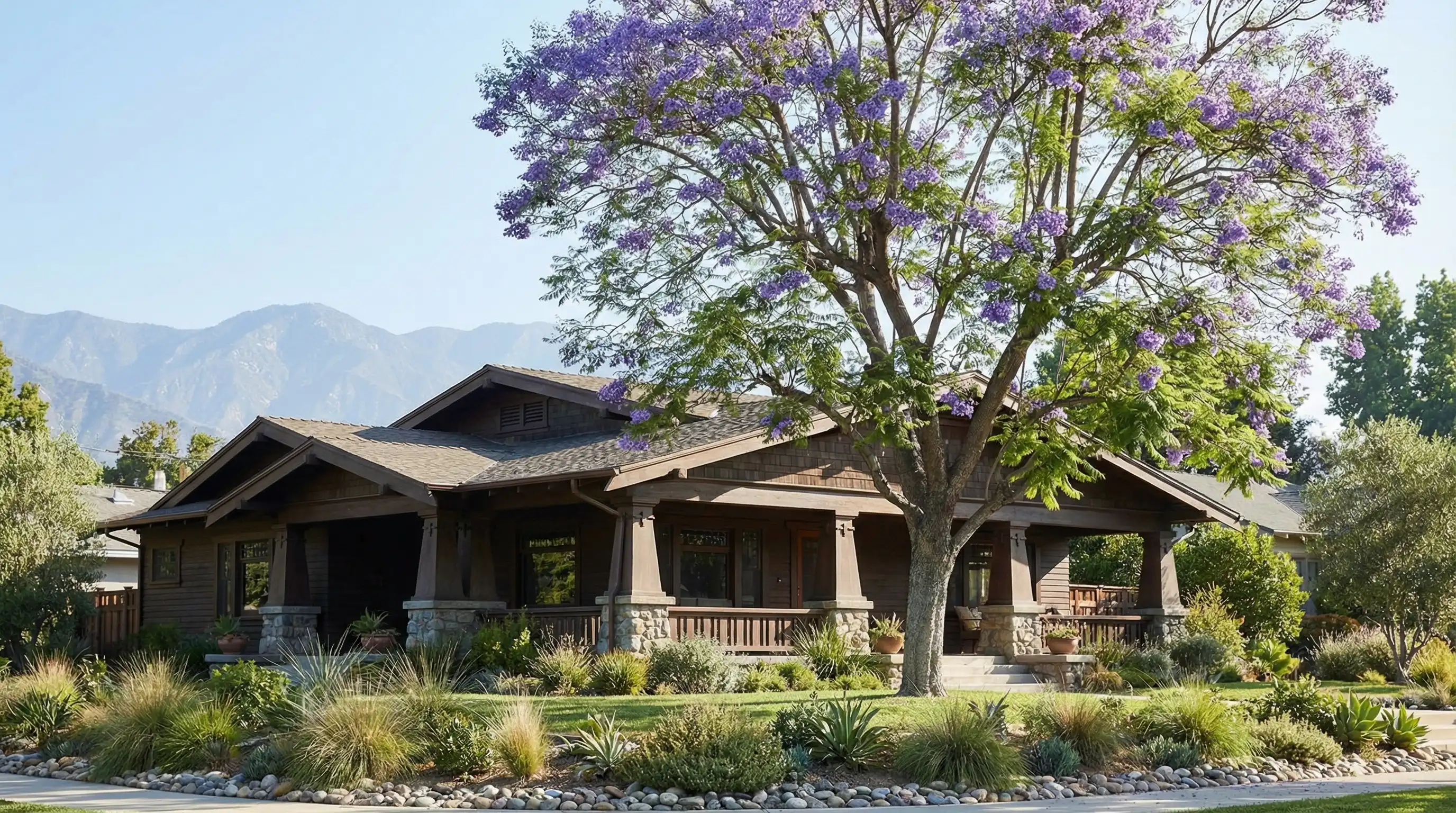 Real estate agent showing Craftsman bungalow home to buyers in Pasadena, CA