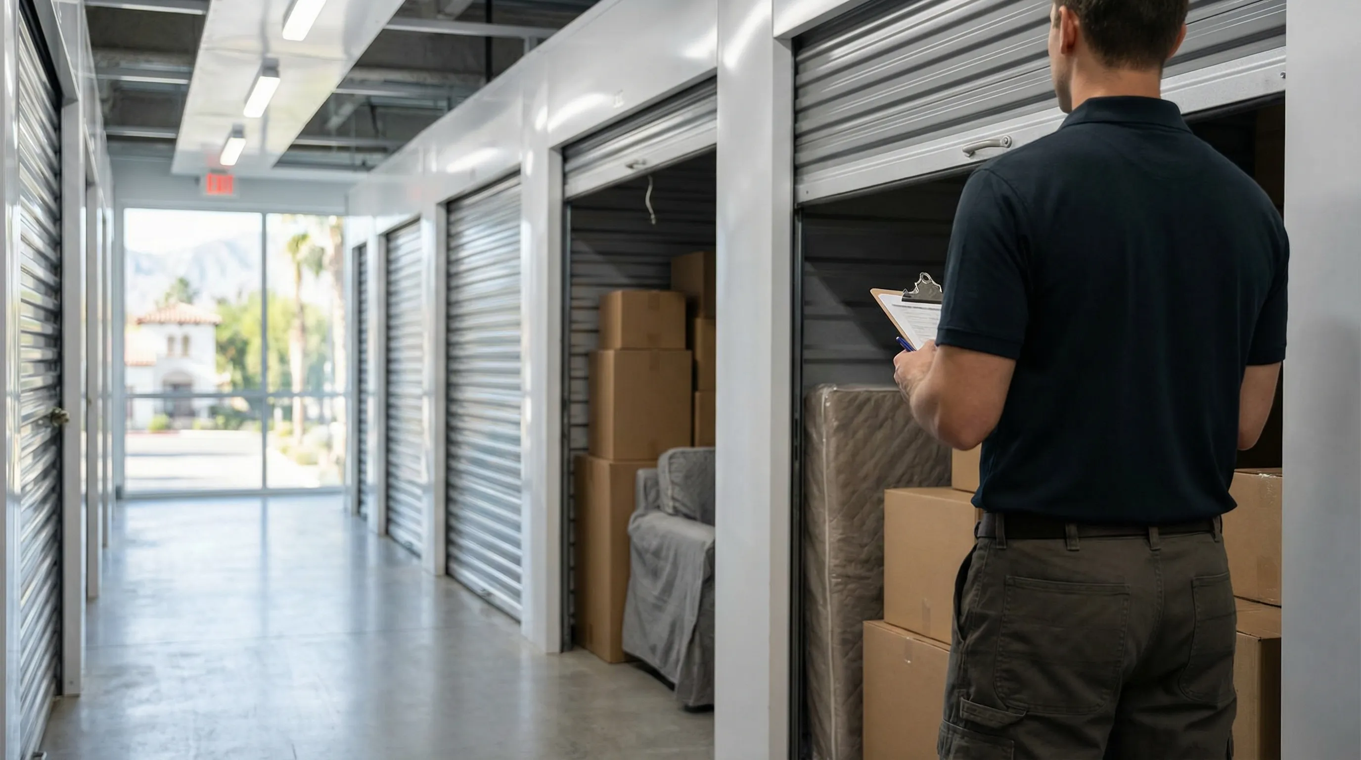 Professional moving crew loading furniture truck on tree-lined residential street in Pasadena, CA