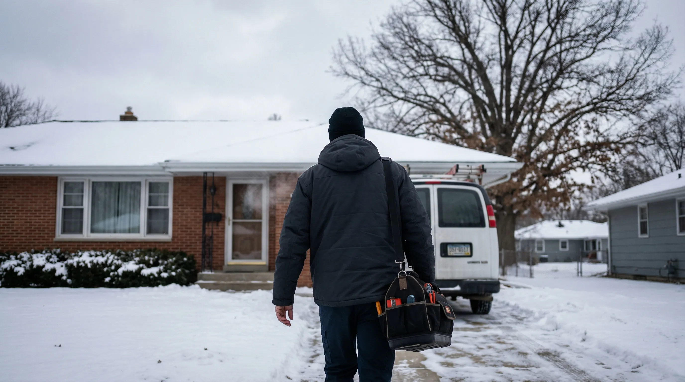 Professional HVAC technician servicing a furnace in a Cedar Rapids, IA home basement during winter