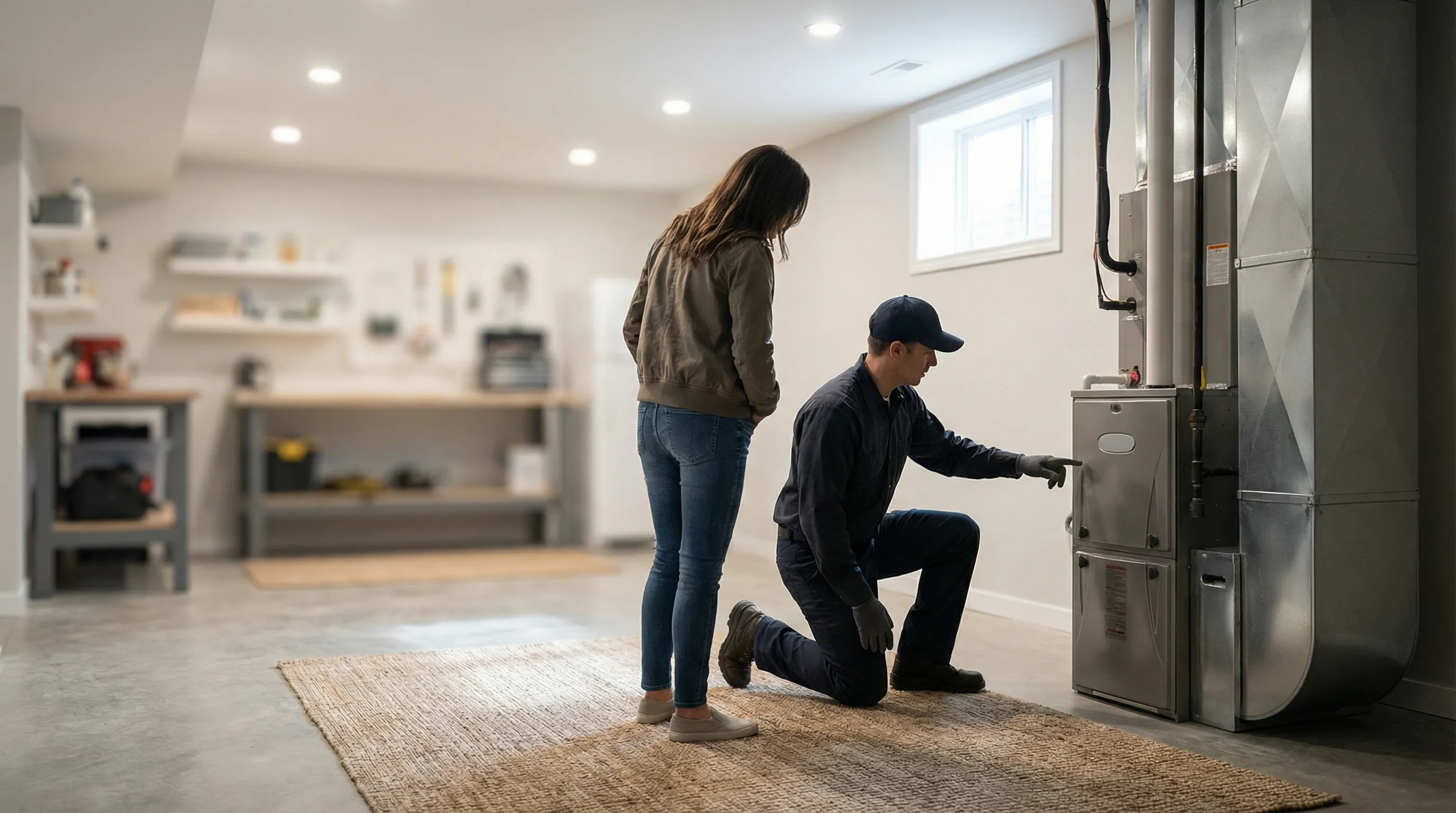 Professional HVAC technician servicing a furnace in a Cedar Rapids, IA home basement during winter