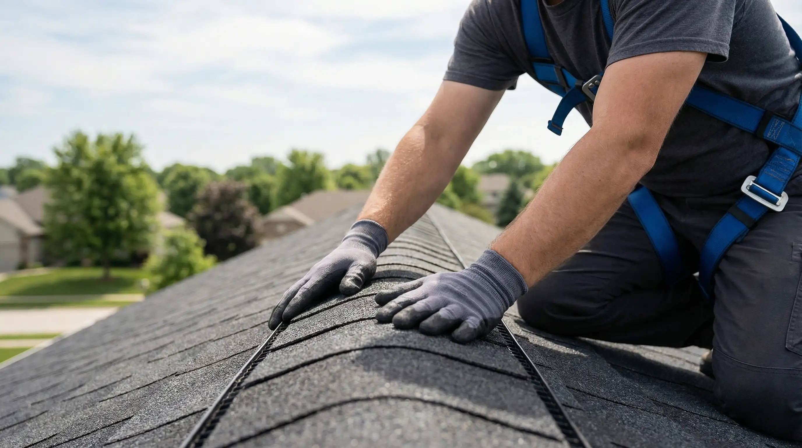 Professional roofing crew installing architectural shingles on a Cedar Rapids, IA residential home after hail damage repair