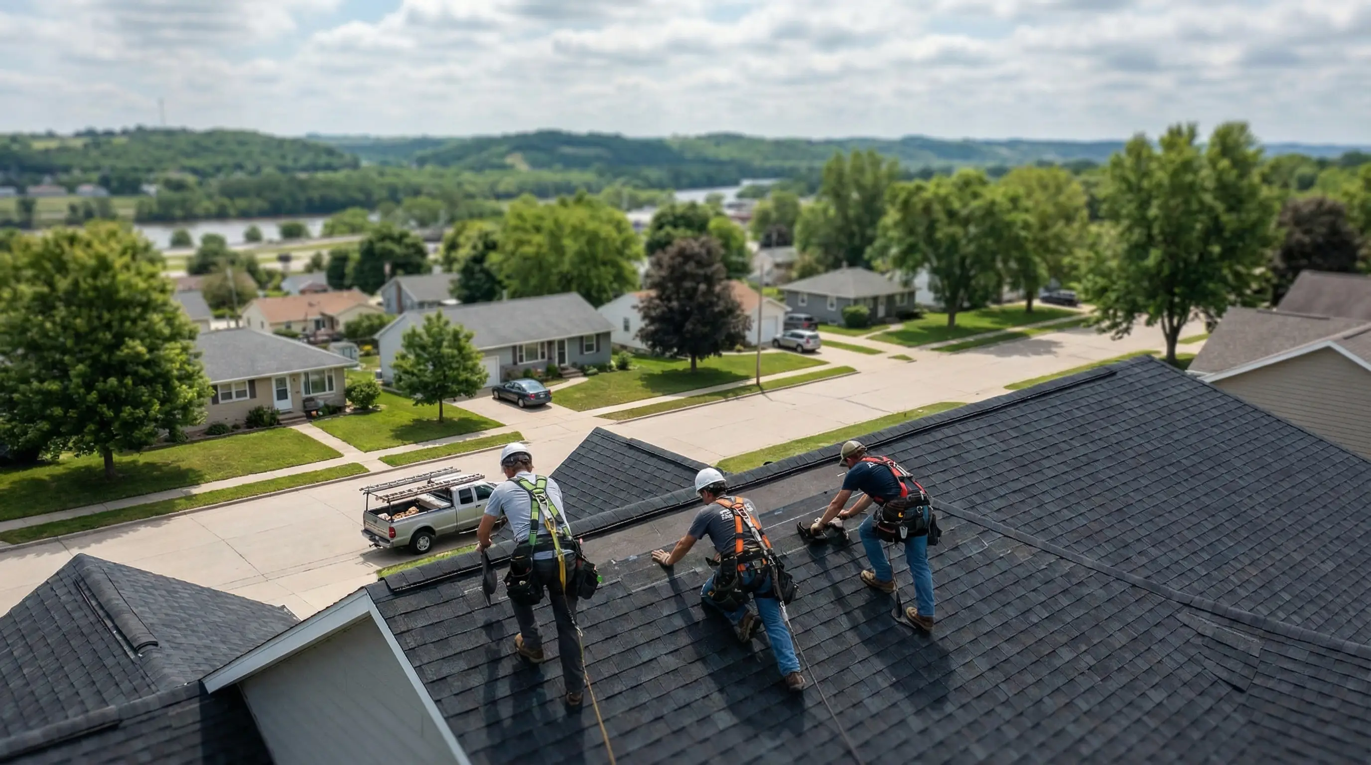 Professional roofing crew installing architectural shingles on a Cedar Rapids, IA residential home after hail damage repair