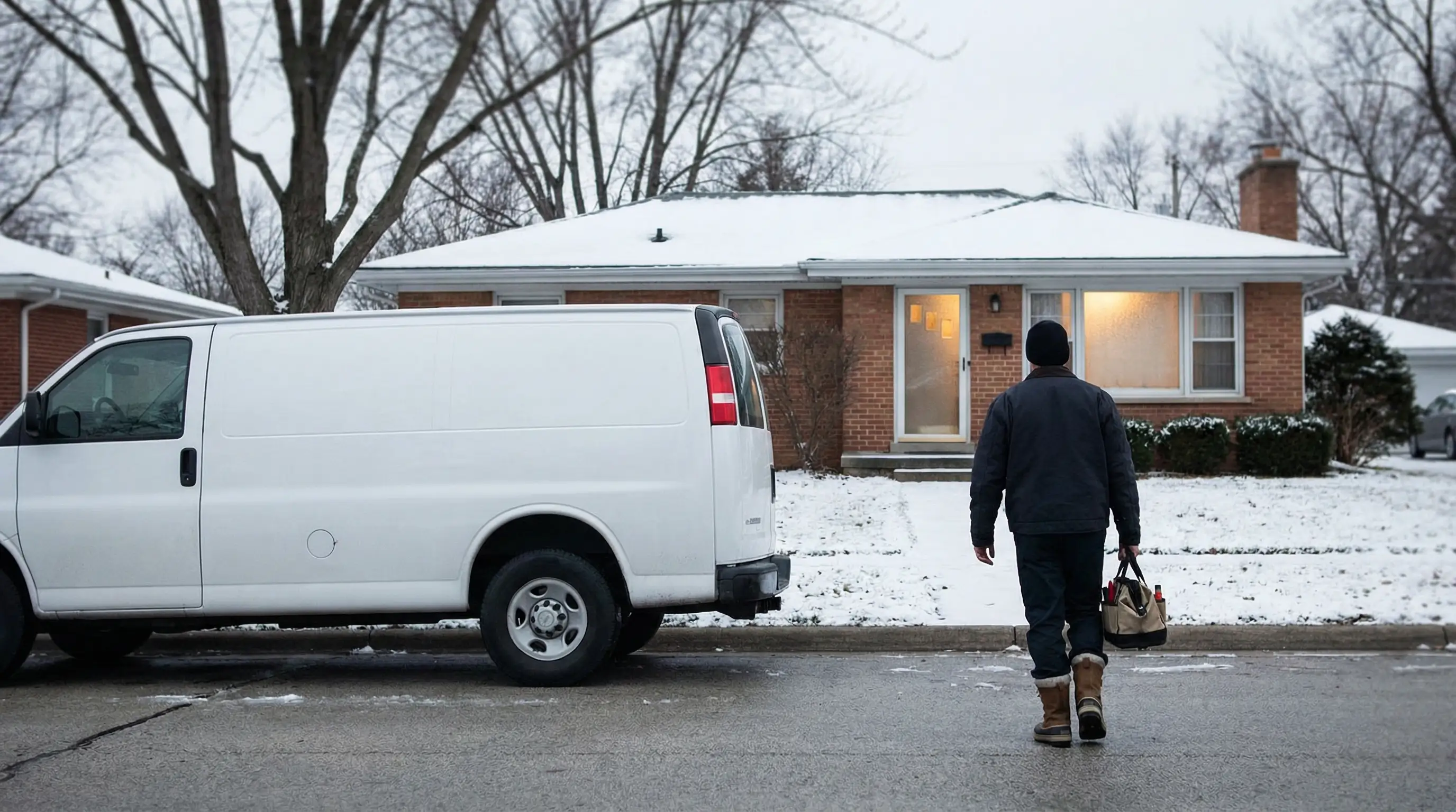 Professional plumber repairing pipes in a Cedar Rapids, IA residential home during an Iowa winter service call