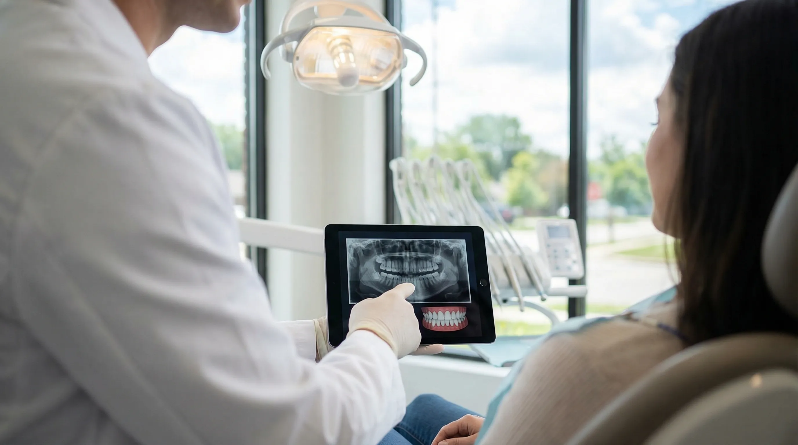 Professional dentist consulting with a patient in a modern Cedar Rapids, IA dental office using digital imaging technology