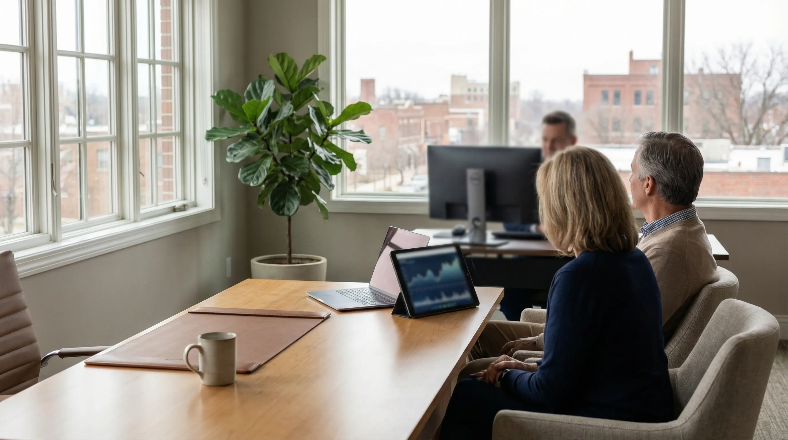 Financial advisor consulting with a couple in their late 50s in a modern Cedar Rapids, IA advisory office with retirement planning charts