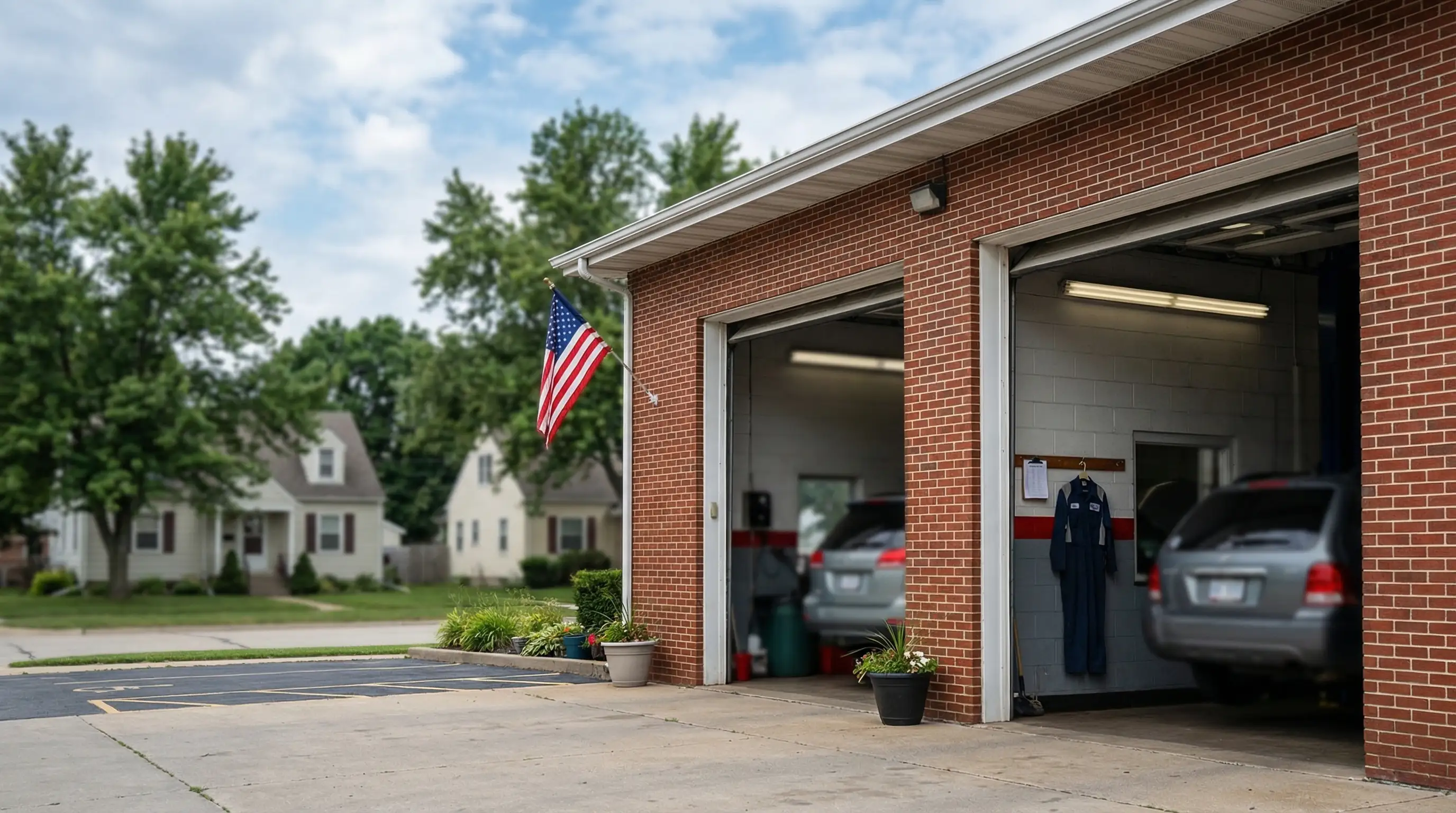 Skilled mechanic in uniform working on a vehicle on a lift at a Cedar Rapids, IA independent auto repair shop with professional tools and equipment