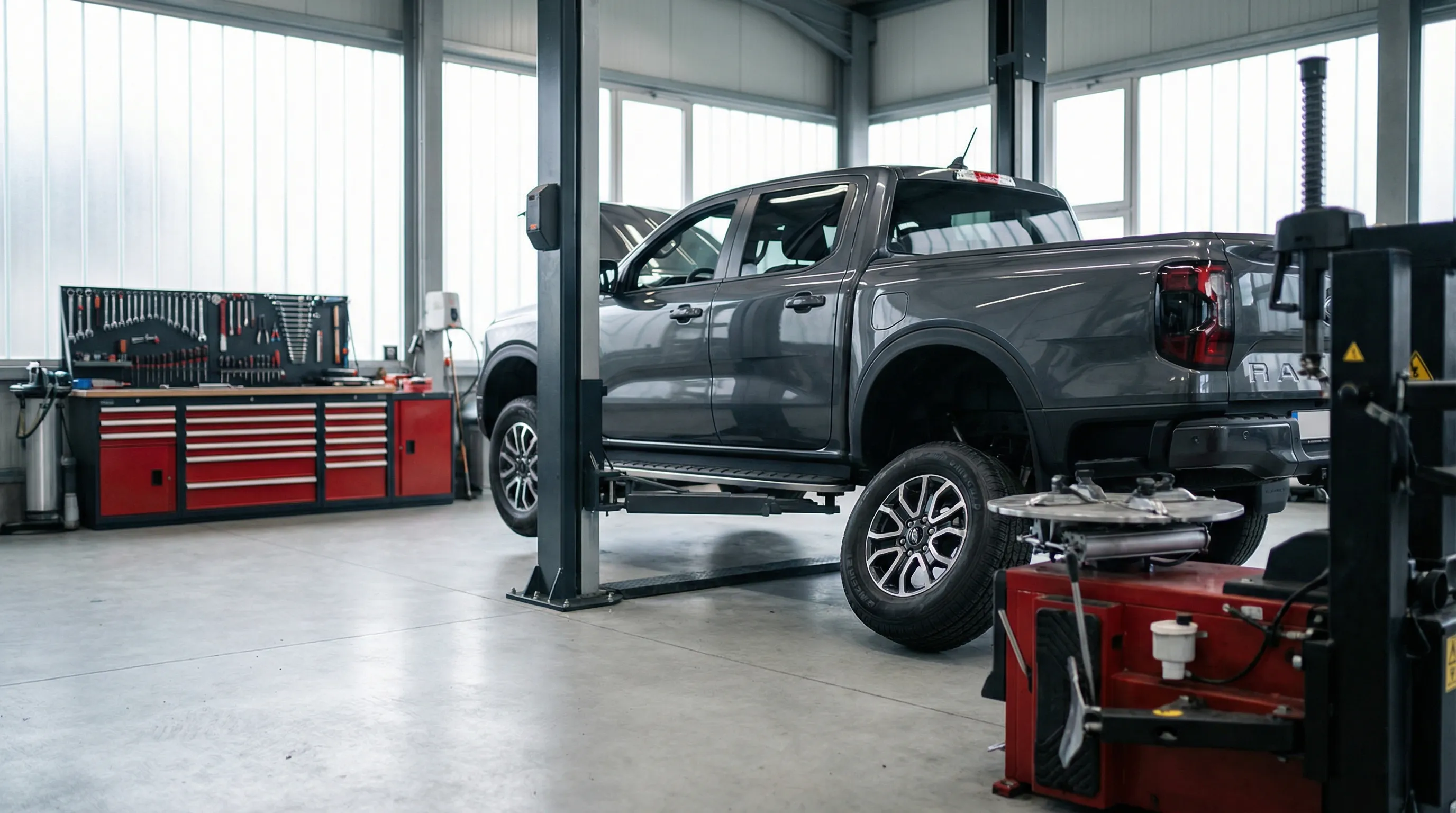Skilled mechanic in uniform working on a vehicle on a lift at a Cedar Rapids, IA independent auto repair shop with professional tools and equipment