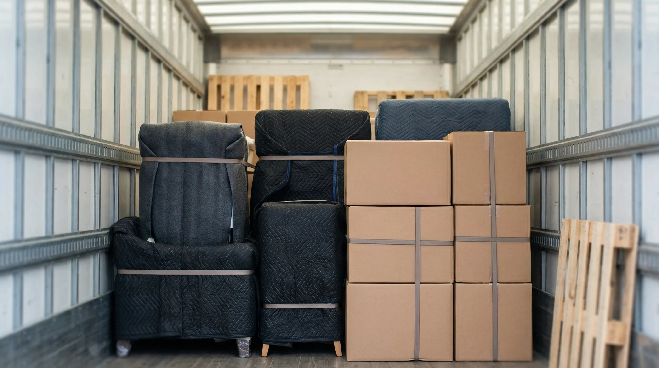 Professional uniformed movers carrying furniture into a Cedar Rapids, IA home on a sunny day with a moving truck parked in the driveway