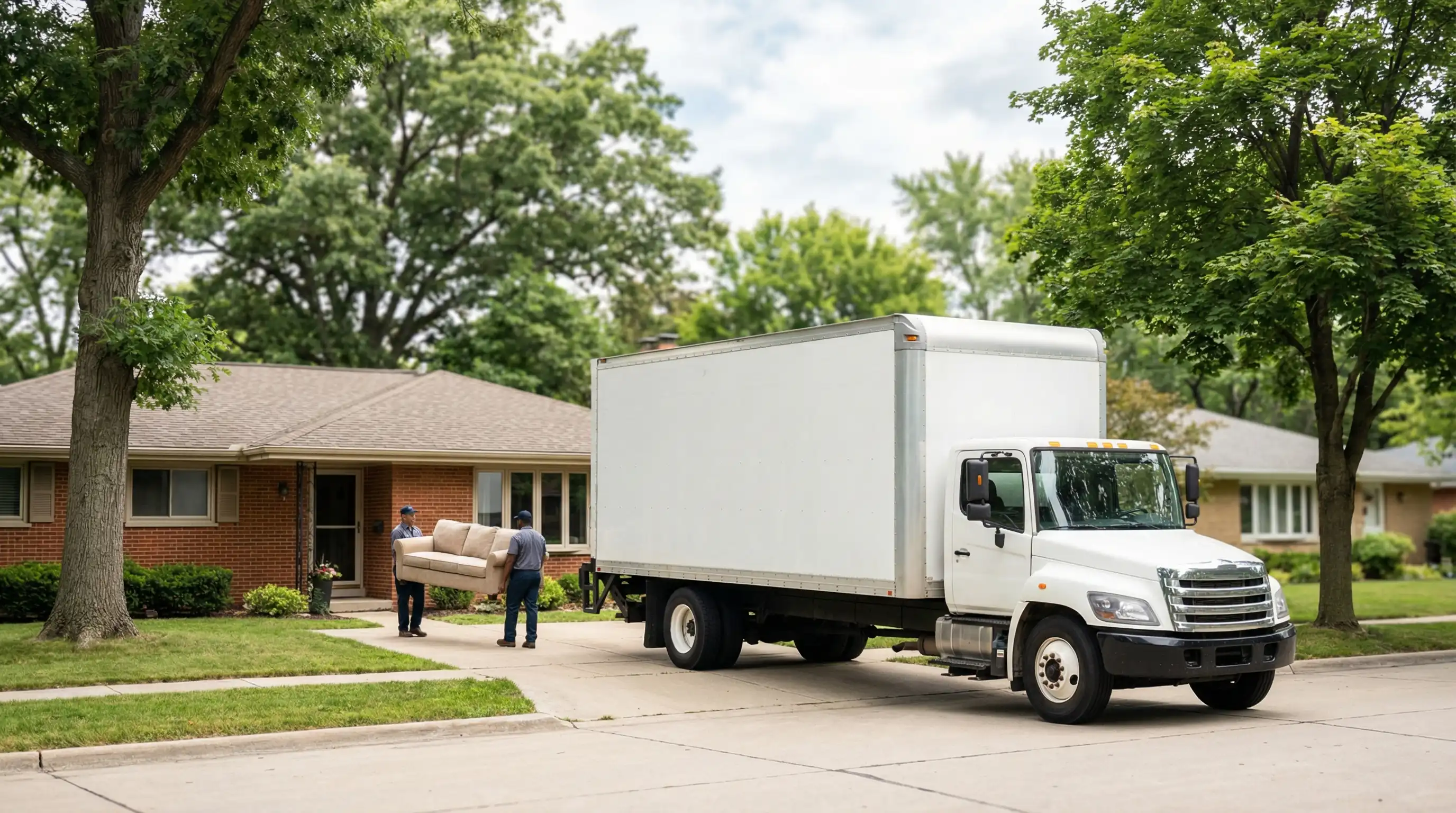 Professional uniformed movers carrying furniture into a Cedar Rapids, IA home on a sunny day with a moving truck parked in the driveway