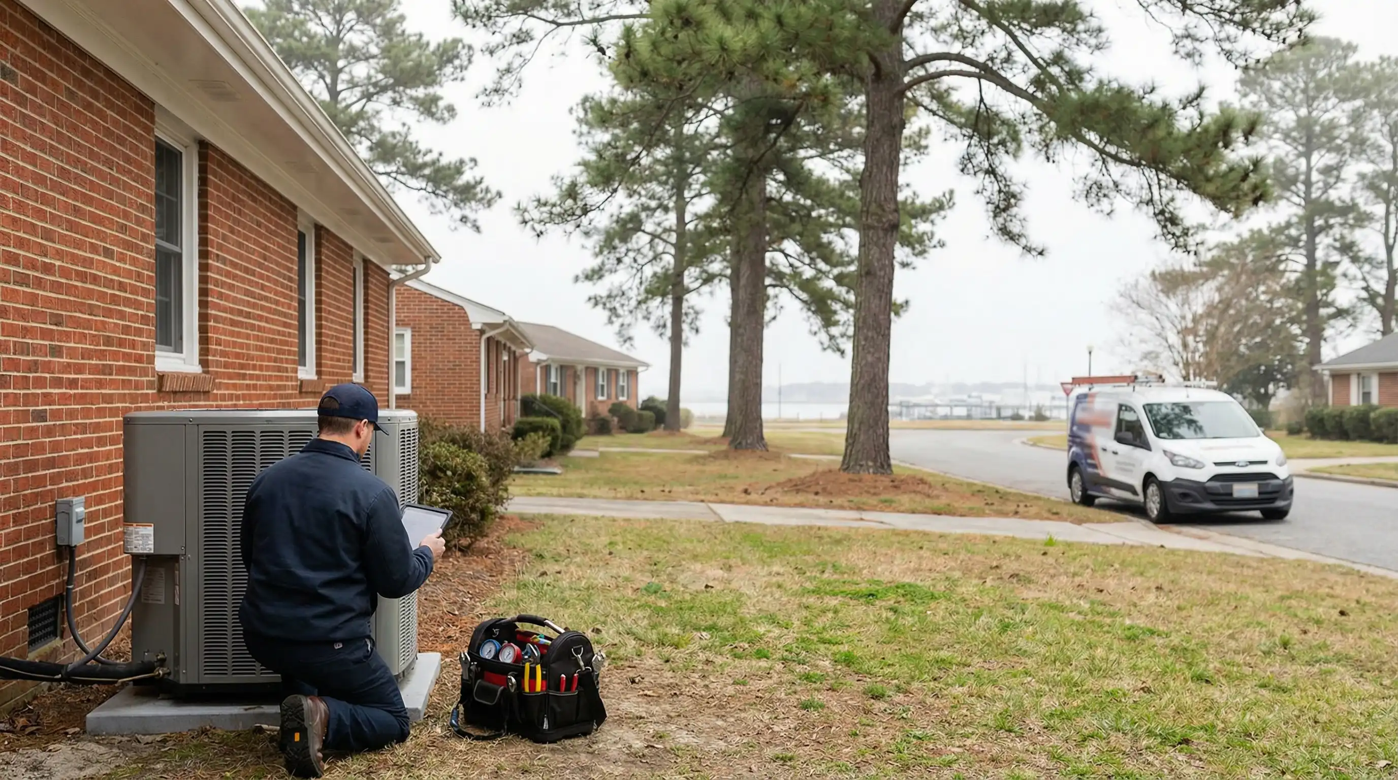 Professional HVAC technician servicing a heat pump outside a mid-century brick home in Hampton, VA