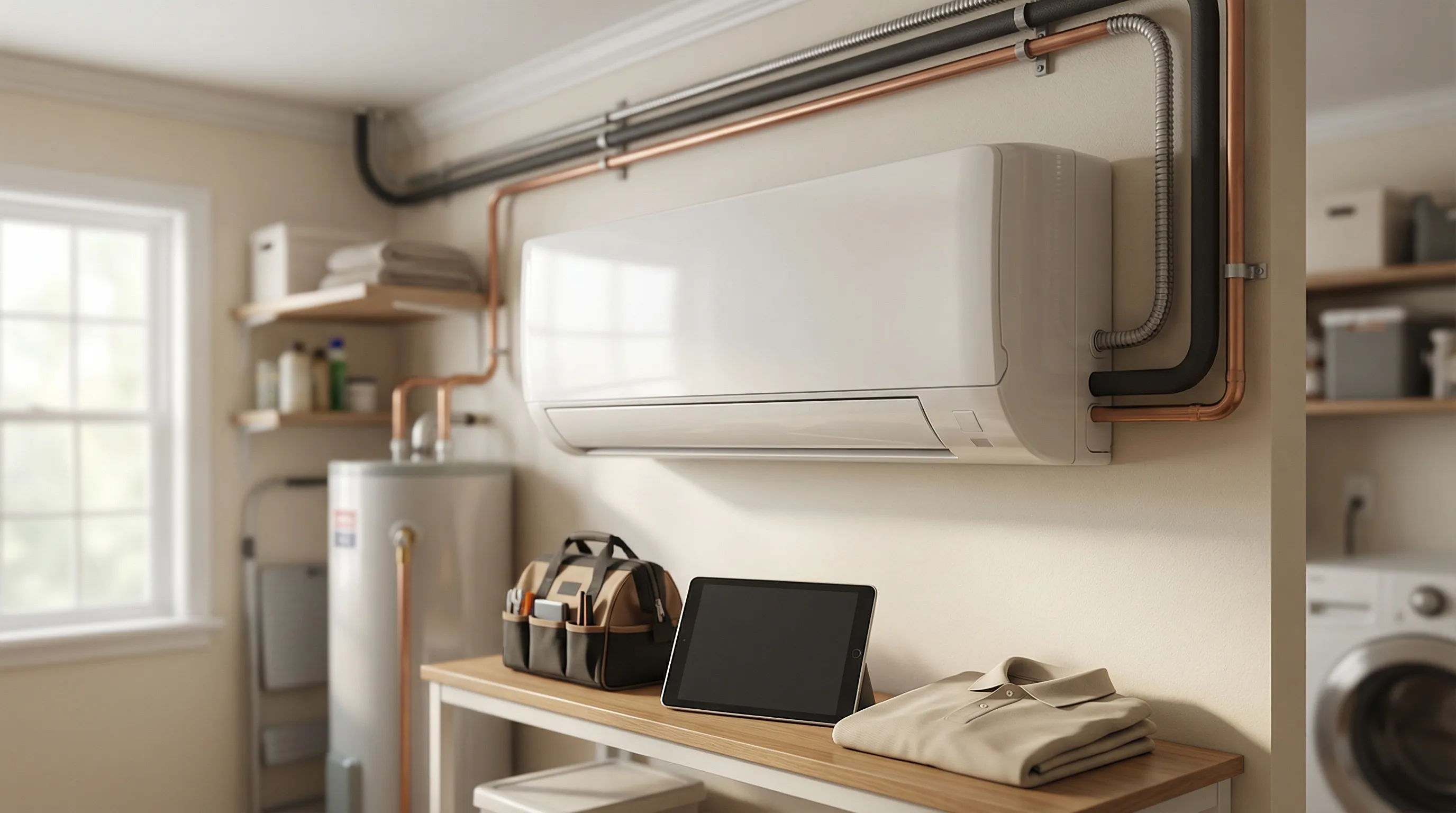 Professional HVAC technician servicing a heat pump outside a mid-century brick home in Hampton, VA