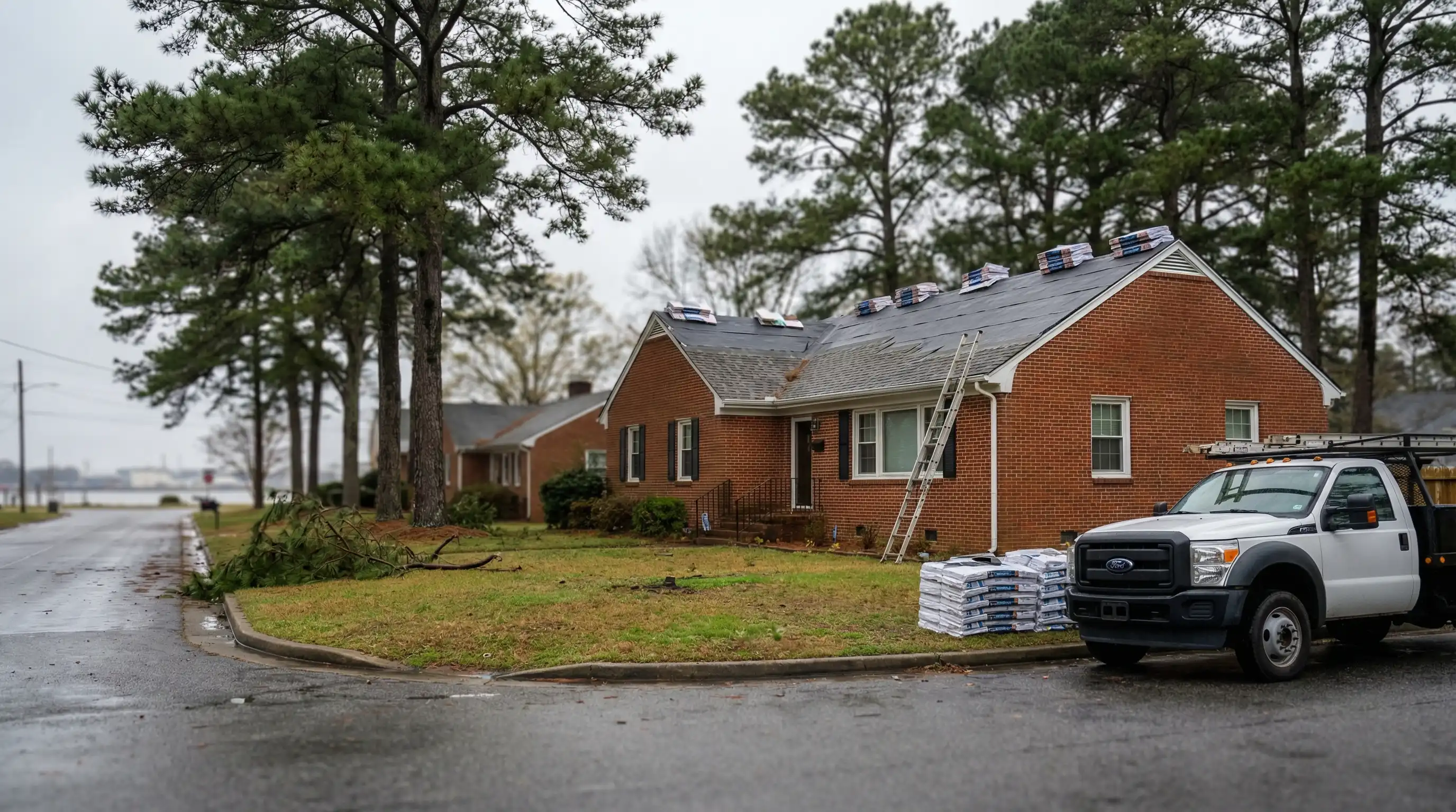 Roofing crew installing architectural shingles on a 1950s brick bungalow in Hampton, VA after storm damage
