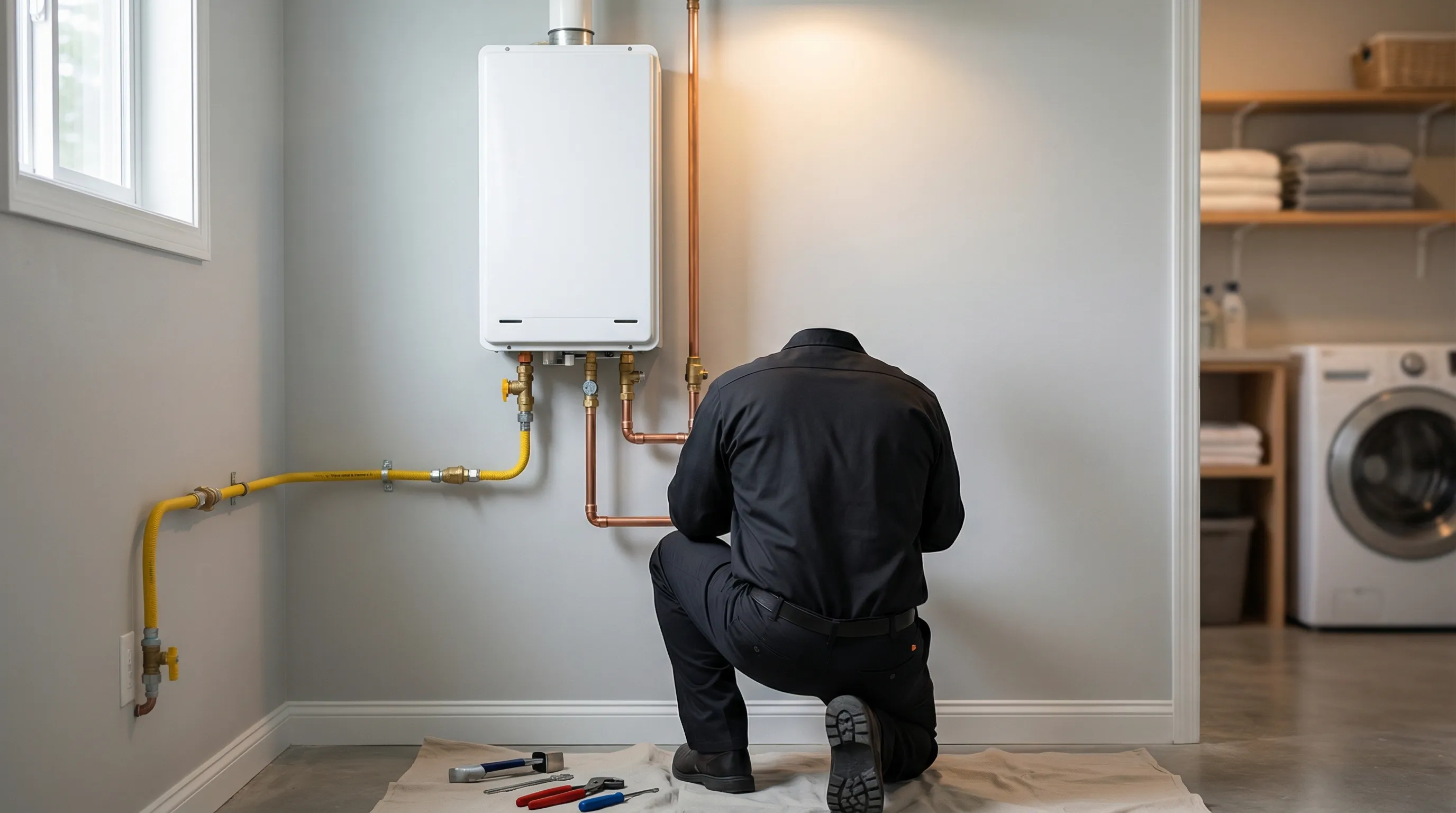 Licensed plumber installing a tankless water heater in a Hampton, VA residential utility room