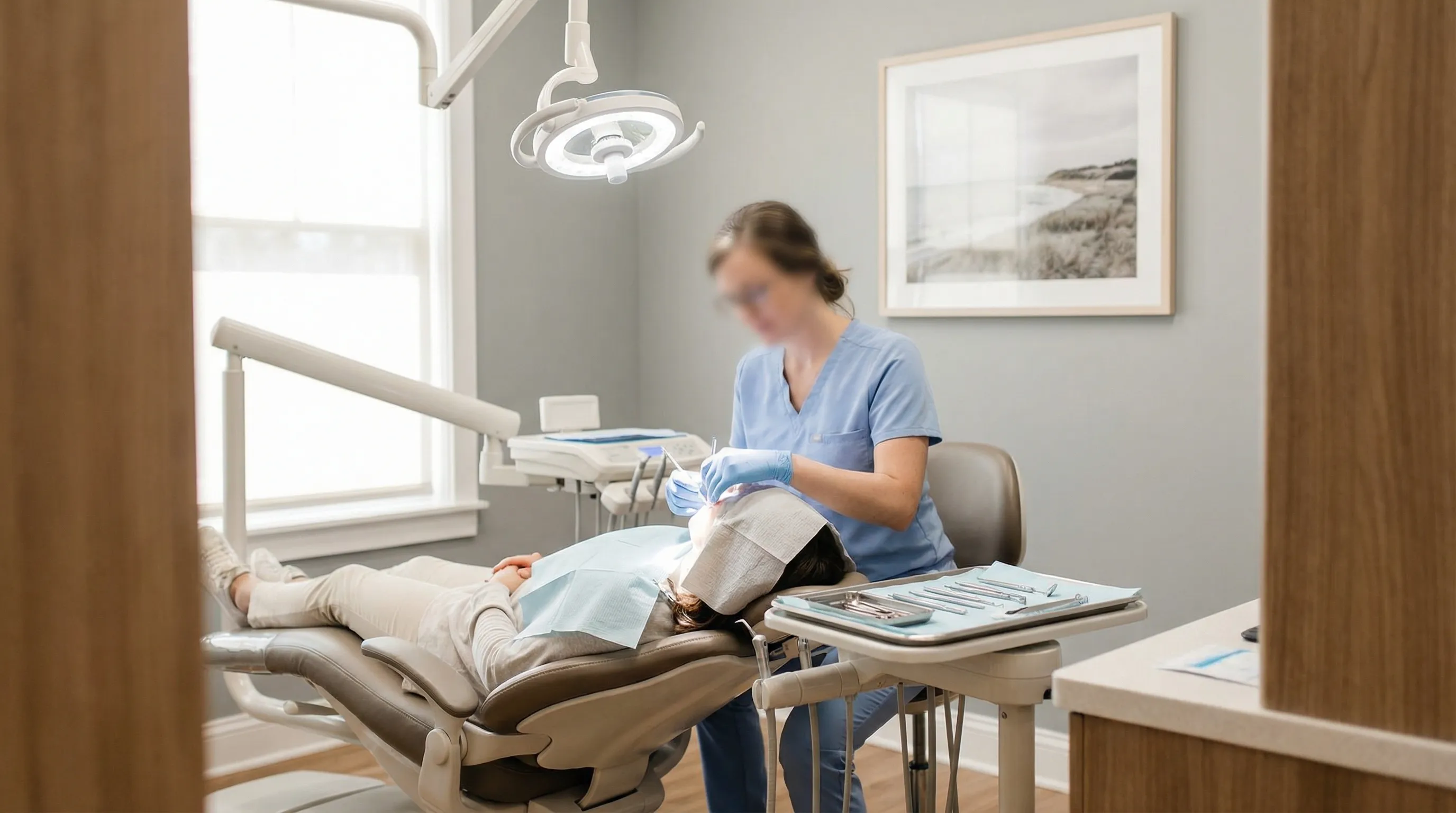 Dental hygienist treating a patient in a modern Hampton, VA dental office with coastal-themed decor