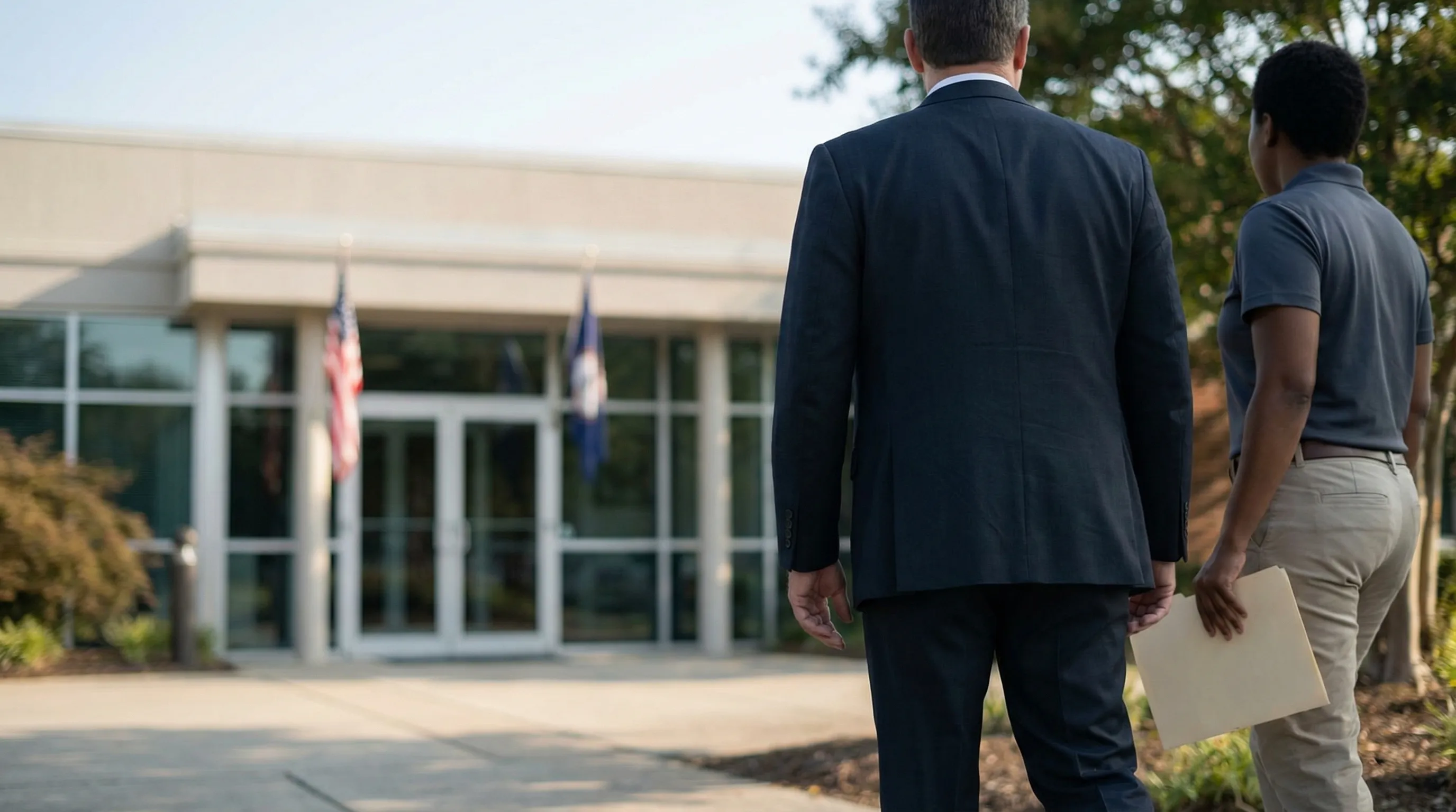 Professional law office exterior in Hampton, VA with attorney greeting military veteran client