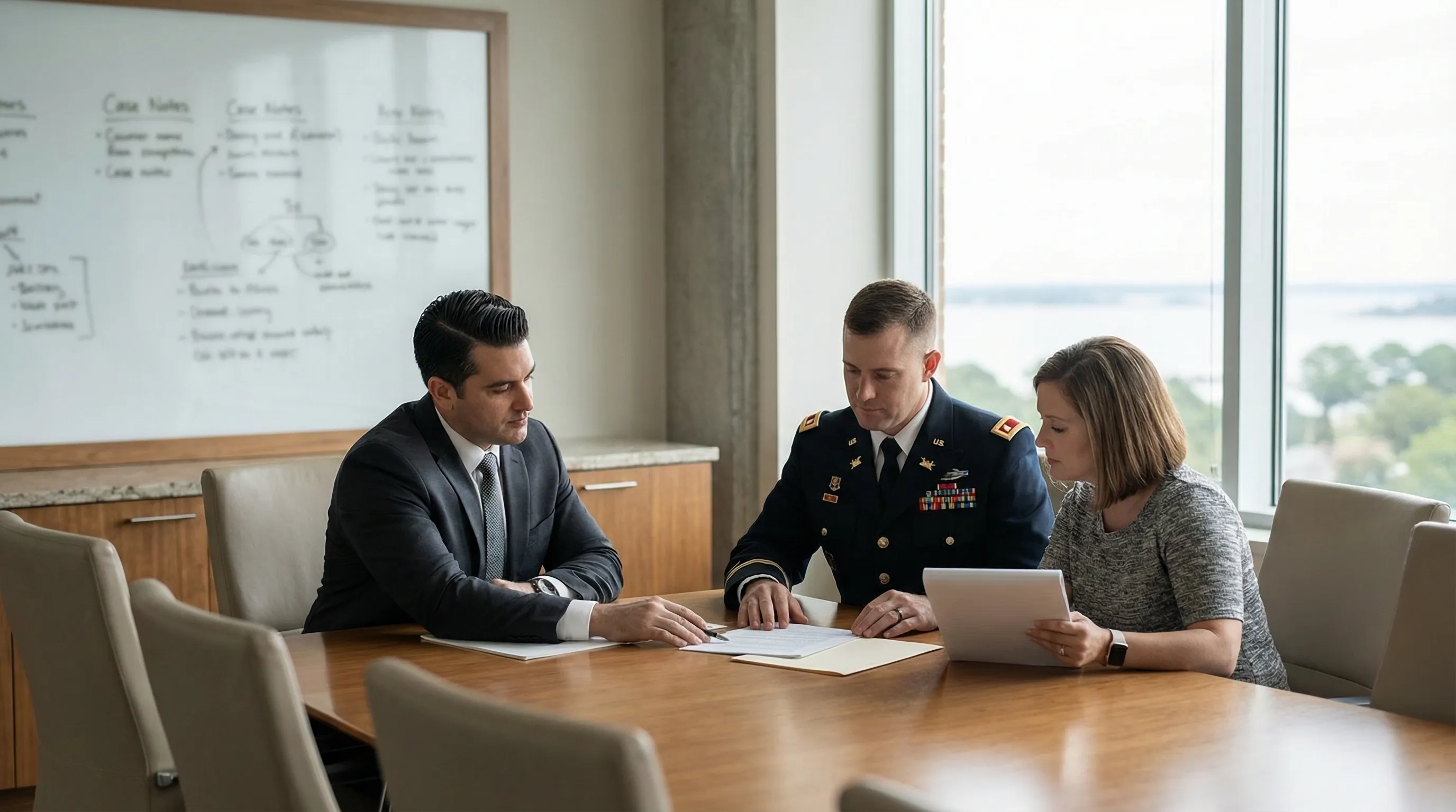Professional law office exterior in Hampton, VA with attorney greeting military veteran client