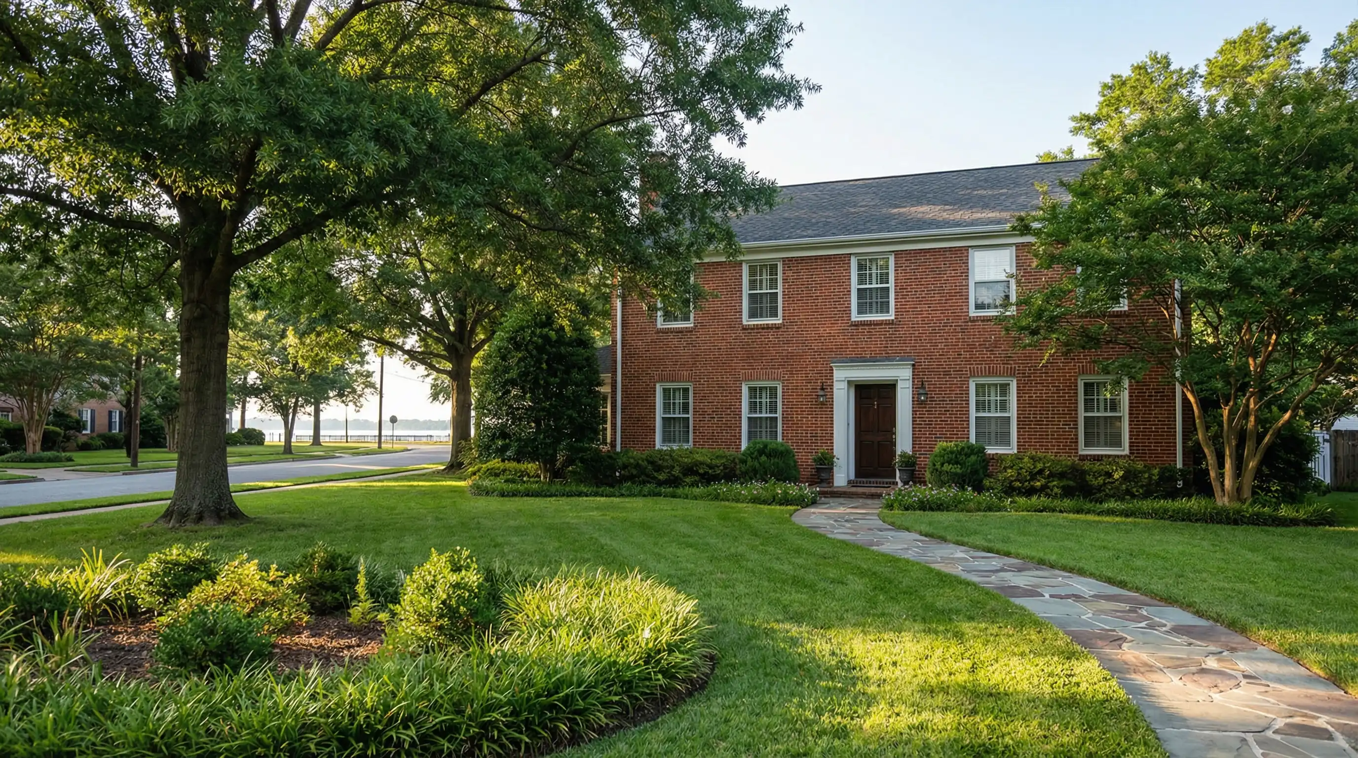 Real estate agent shaking hands with military couple at brick colonial home in Hampton, VA with SOLD sign