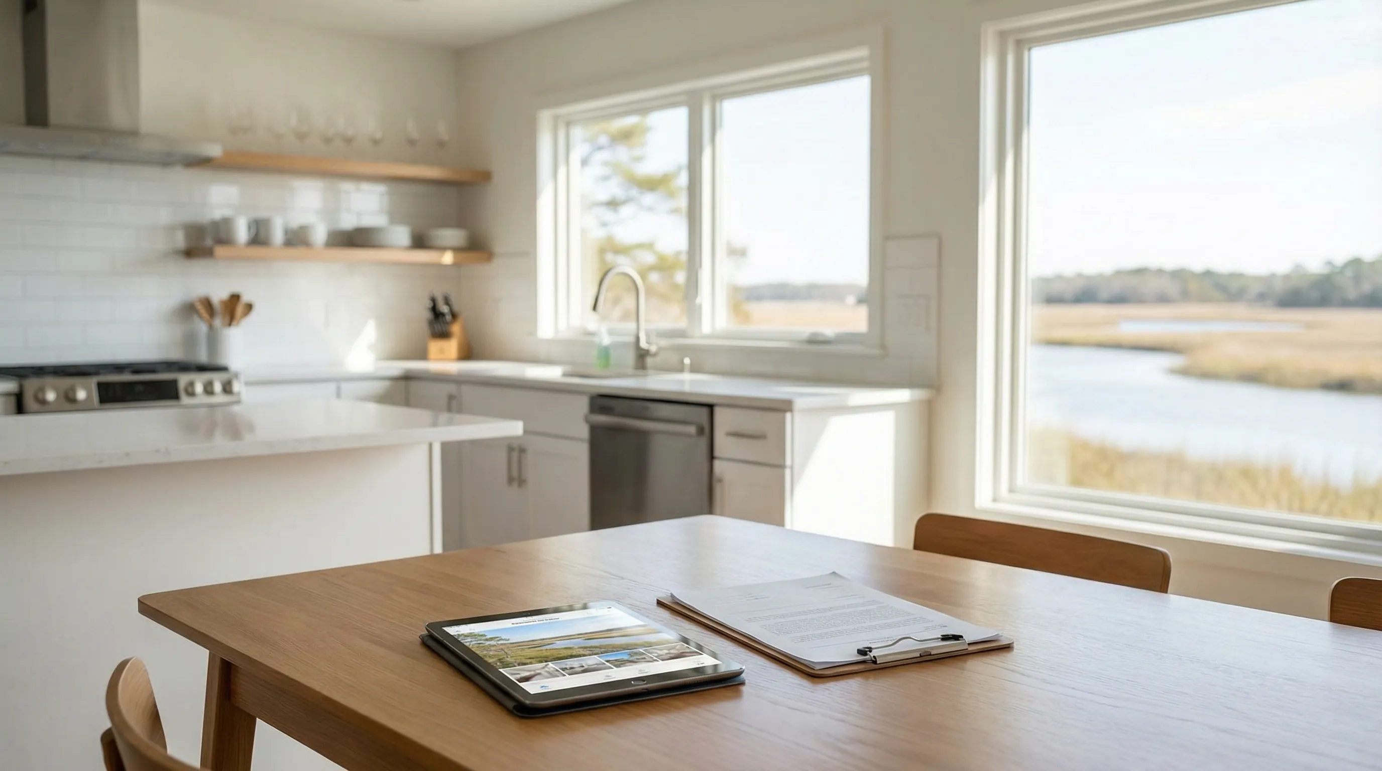 Real estate agent shaking hands with military couple at brick colonial home in Hampton, VA with SOLD sign