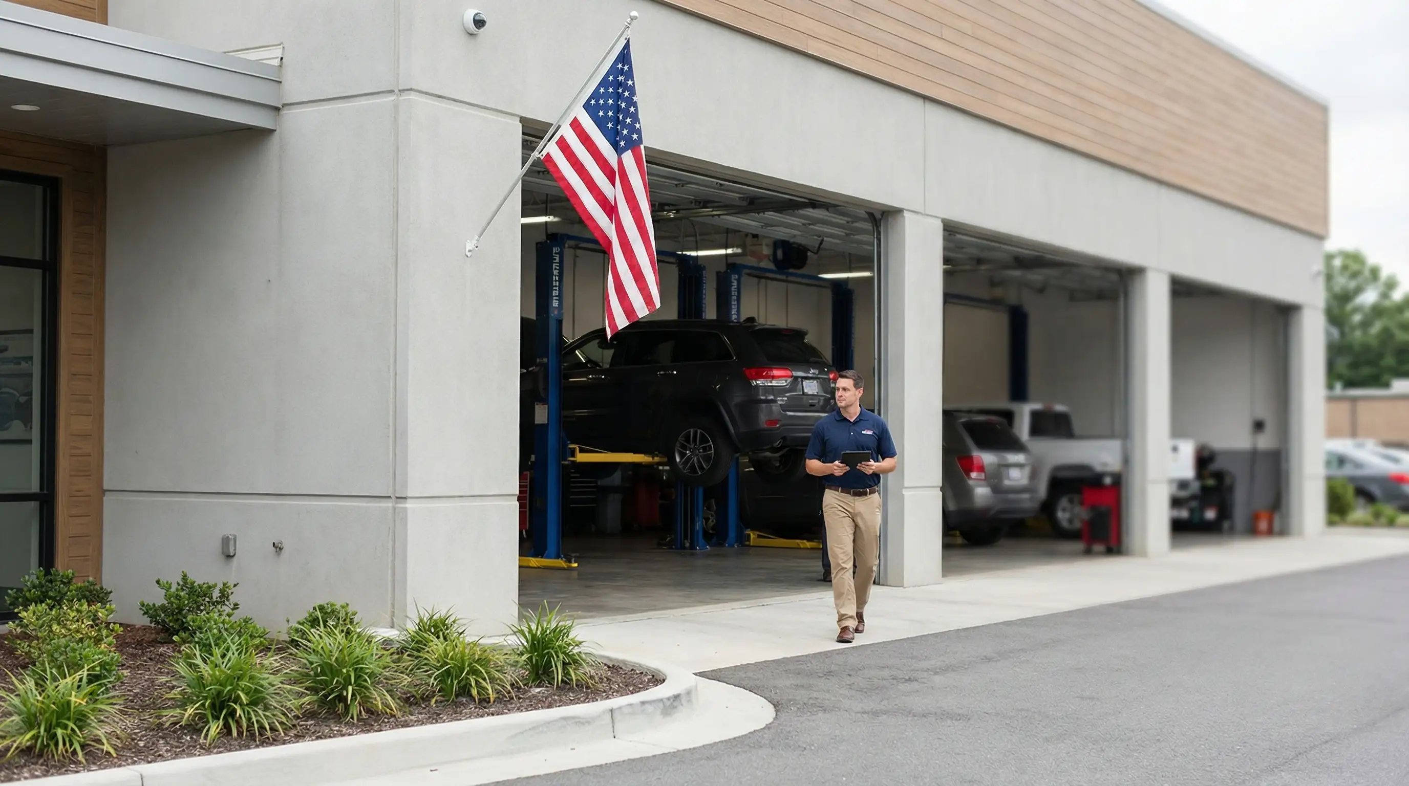 Independent auto repair shop on Hampton's Mercury Boulevard with technician reviewing vehicle inspection report on tablet