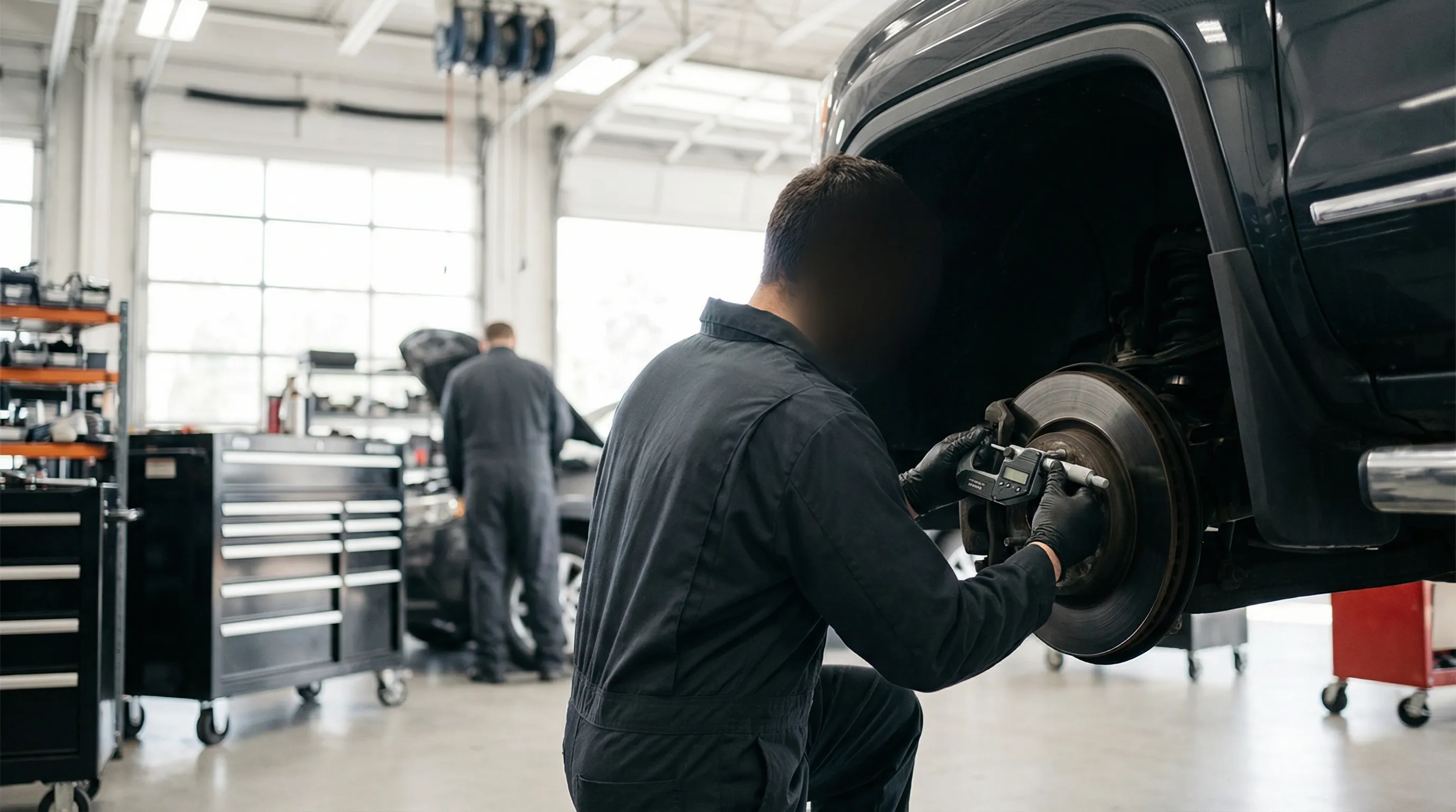 Independent auto repair shop on Hampton's Mercury Boulevard with technician reviewing vehicle inspection report on tablet