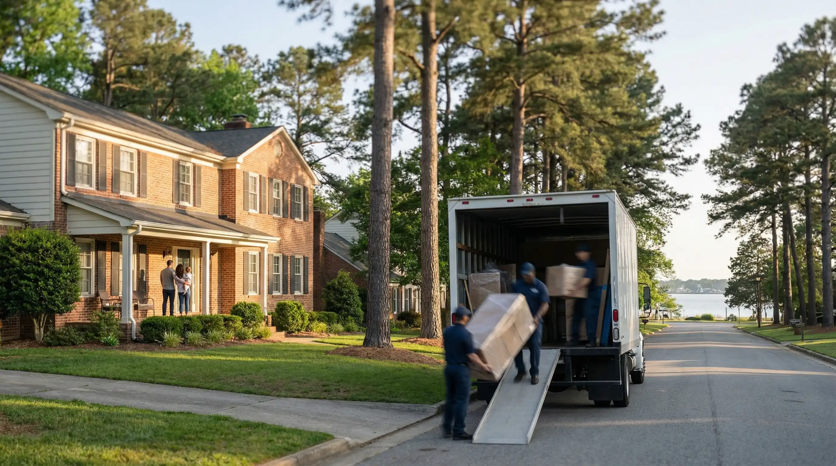 Professional moving crew loading truck outside a brick colonial home in Hampton, VA during spring PCS season