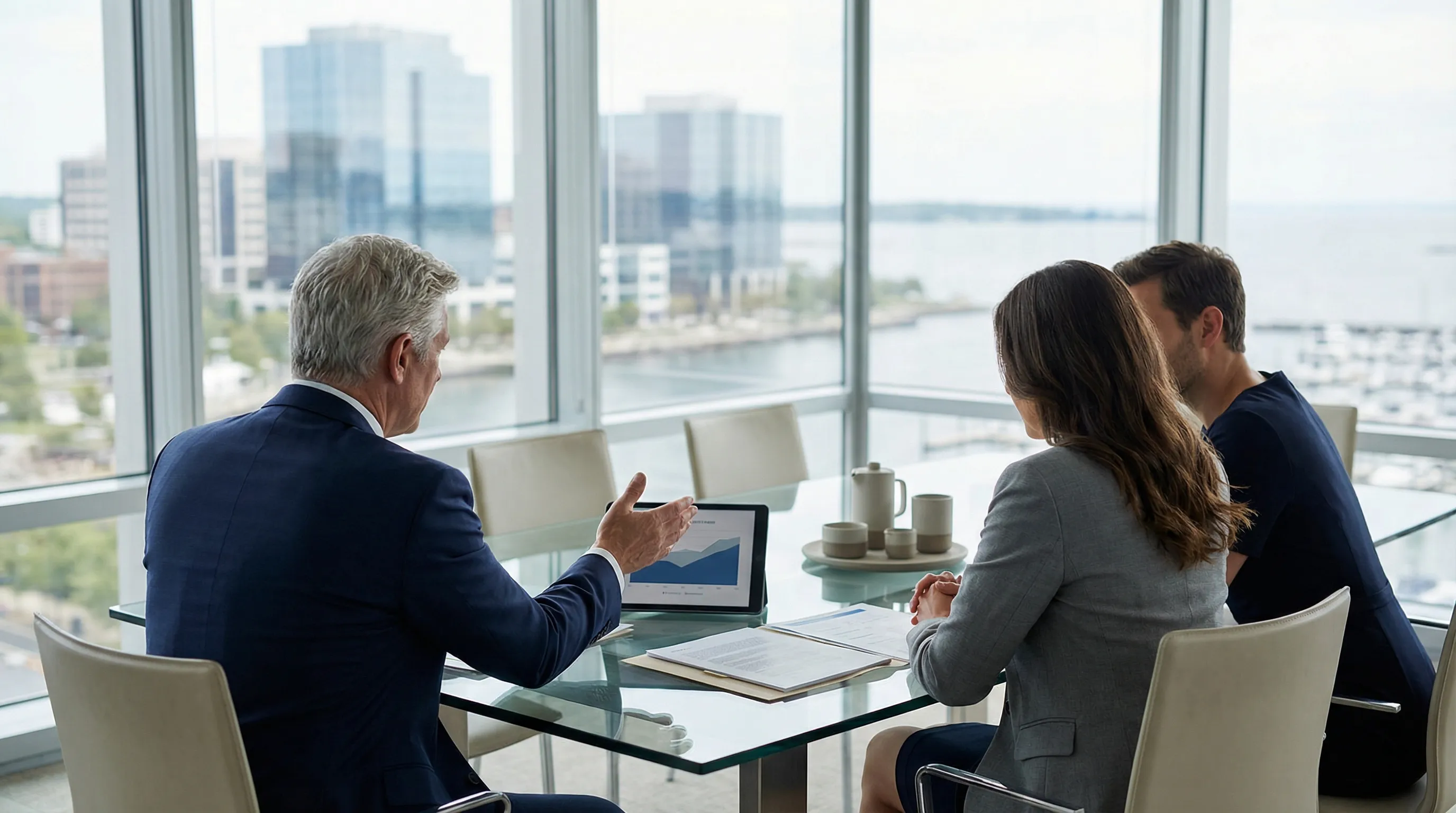 Professional financial advisor consulting with clients in a modern Stamford, CT office
