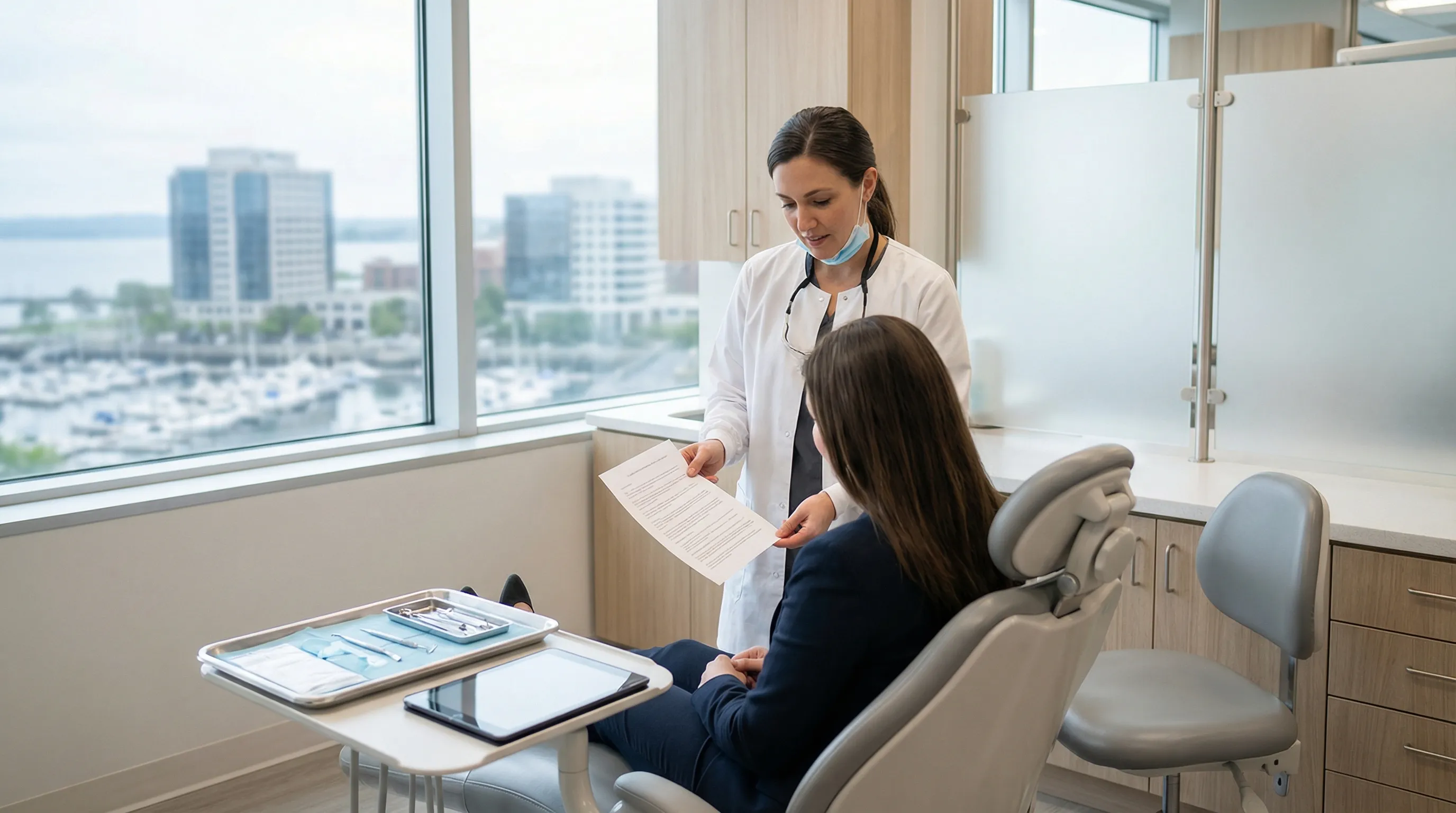 Dentist consulting with a patient about cosmetic dental treatment in a modern Stamford, CT practice