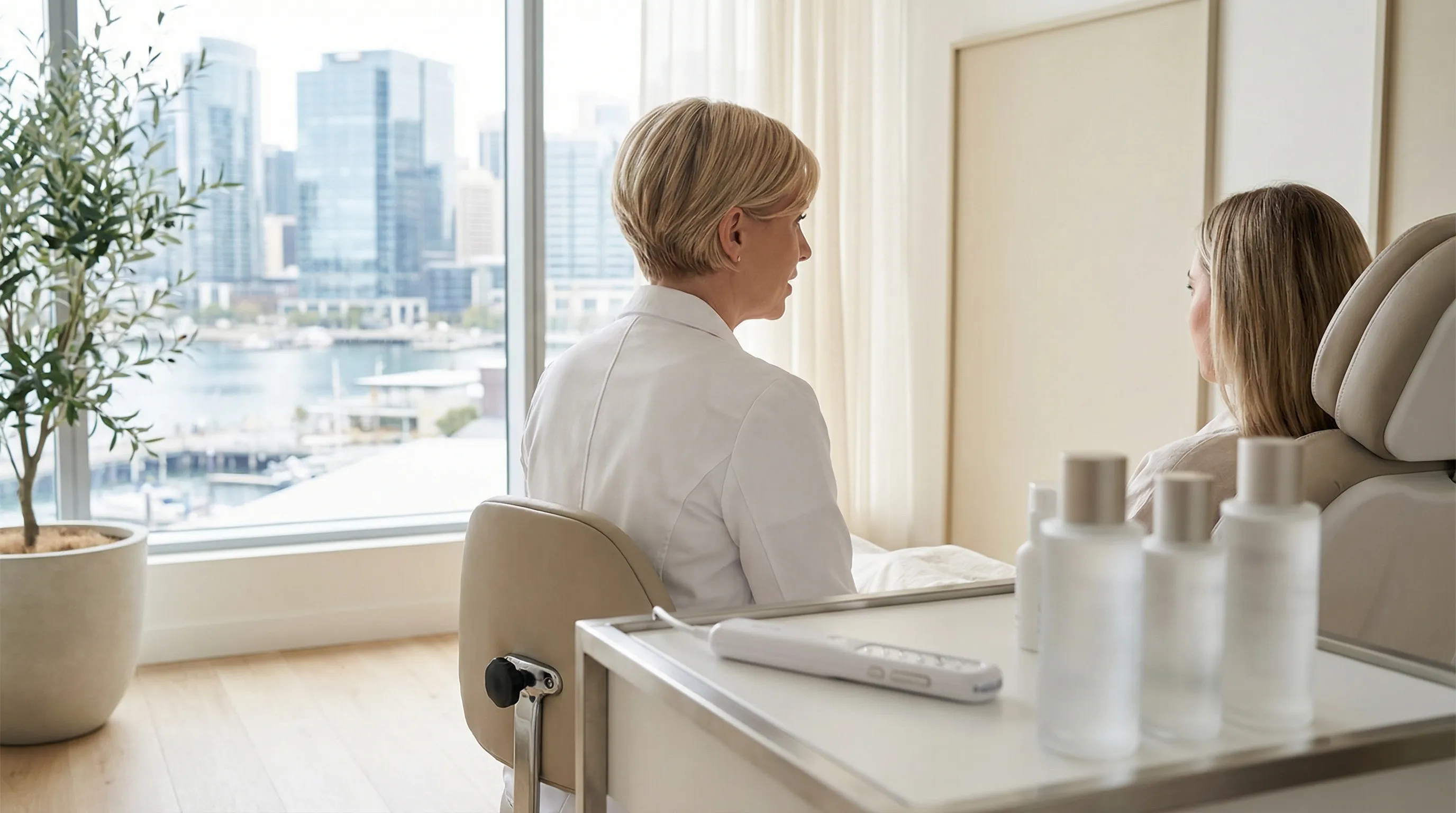Licensed aesthetician consulting with a client at a modern MedSpa treatment room in Stamford, CT