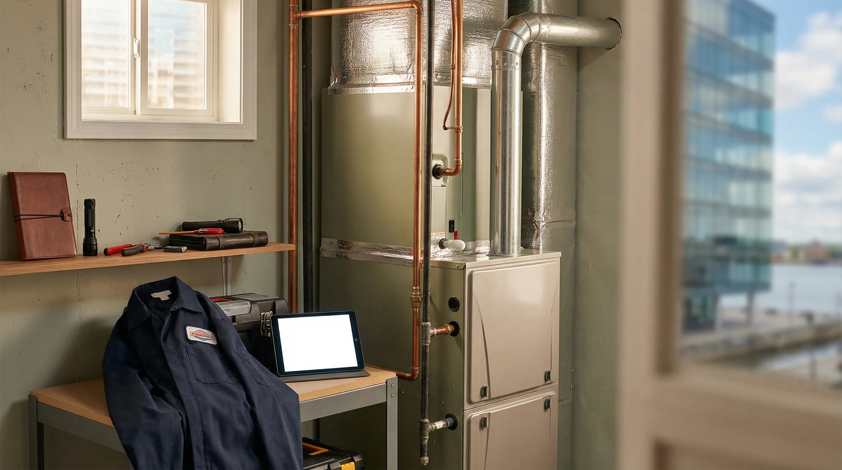 HVAC technician servicing a furnace installation in the basement of a Stamford, CT colonial home