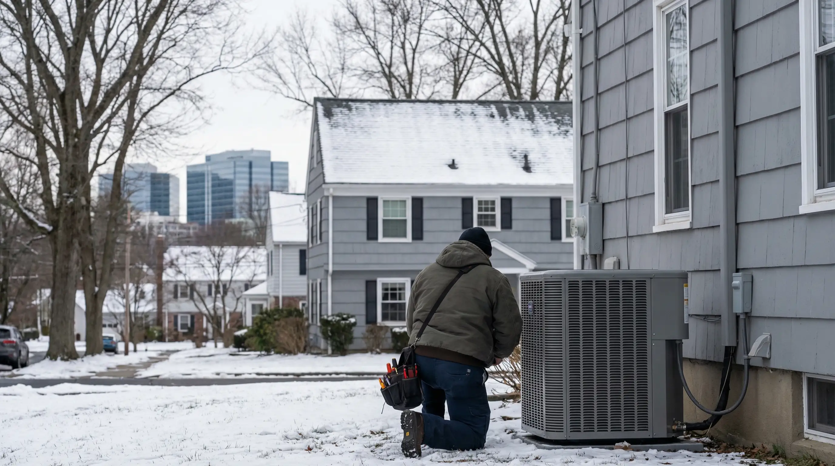 HVAC technician servicing a furnace installation in the basement of a Stamford, CT colonial home
