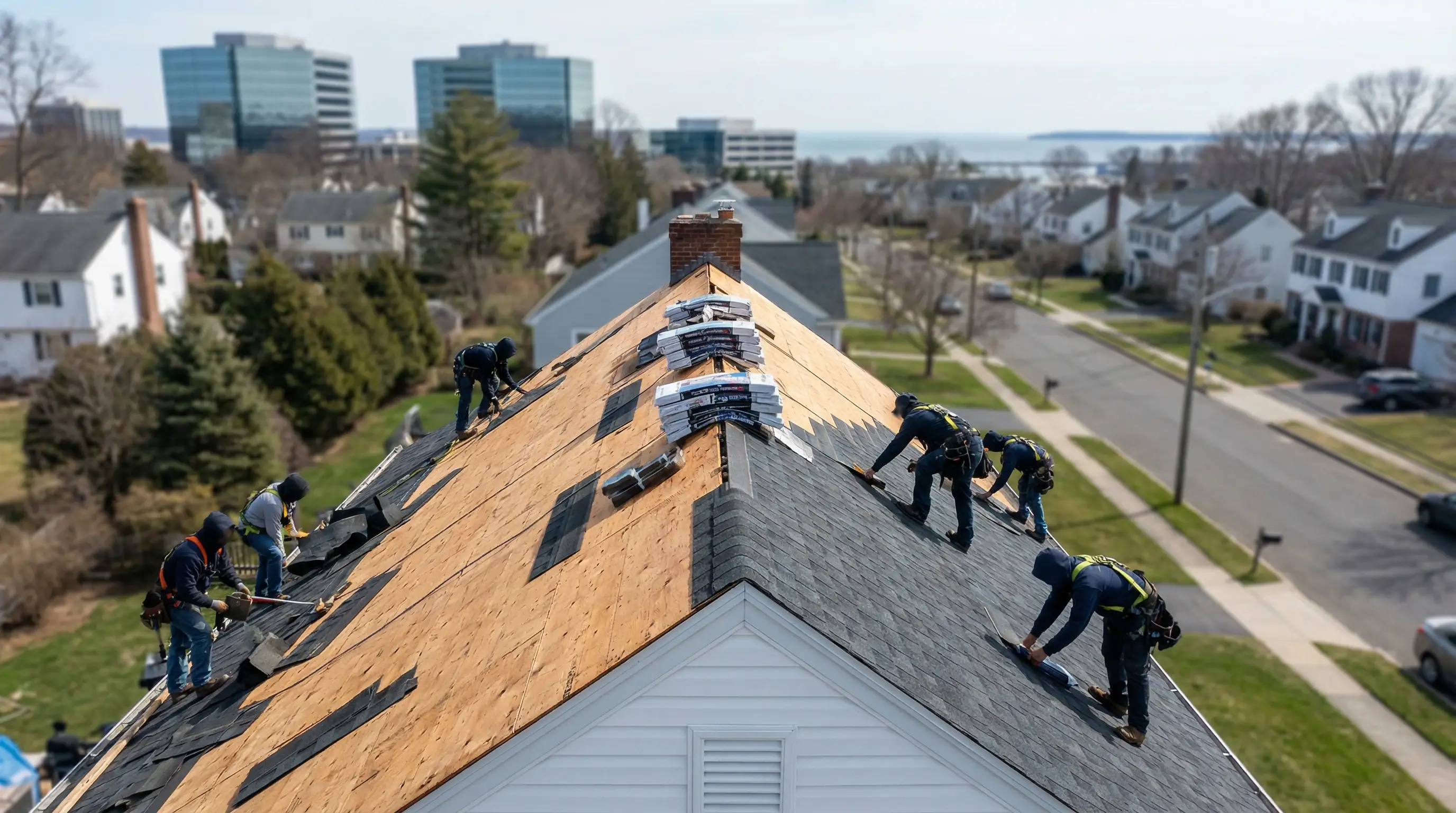 Roofing crew installing GAF architectural shingles on a single-family colonial home in a Stamford, CT residential neighborhood