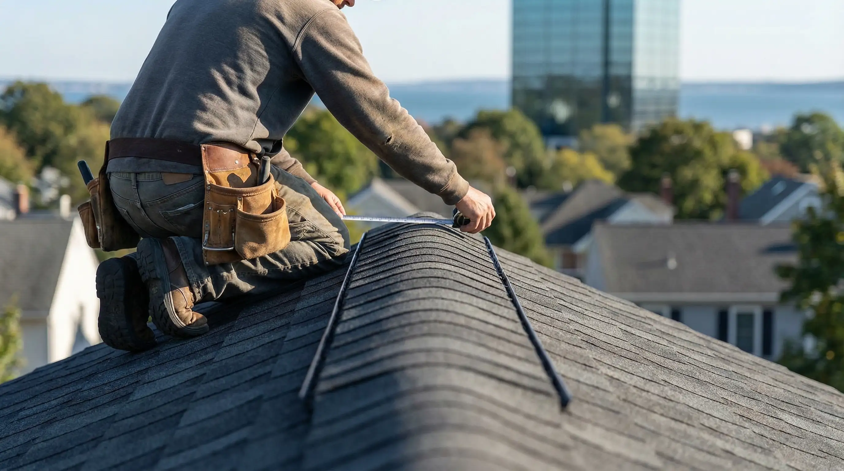 Roofing crew installing GAF architectural shingles on a single-family colonial home in a Stamford, CT residential neighborhood