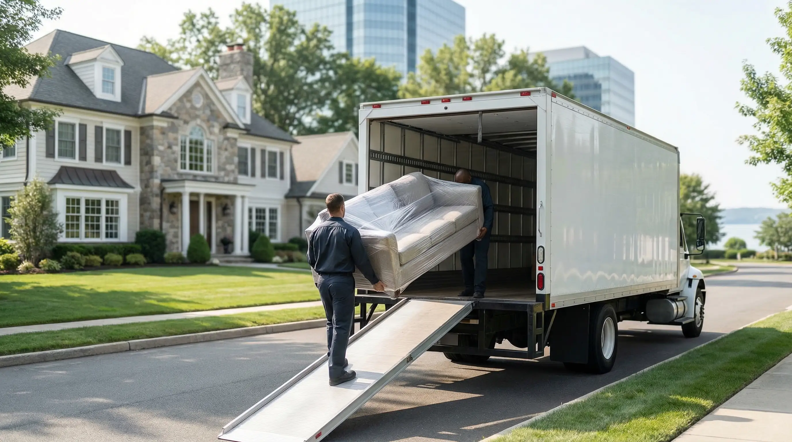 Professional moving crew loading a branded truck in front of a colonial home on a tree-lined Stamford, CT residential street