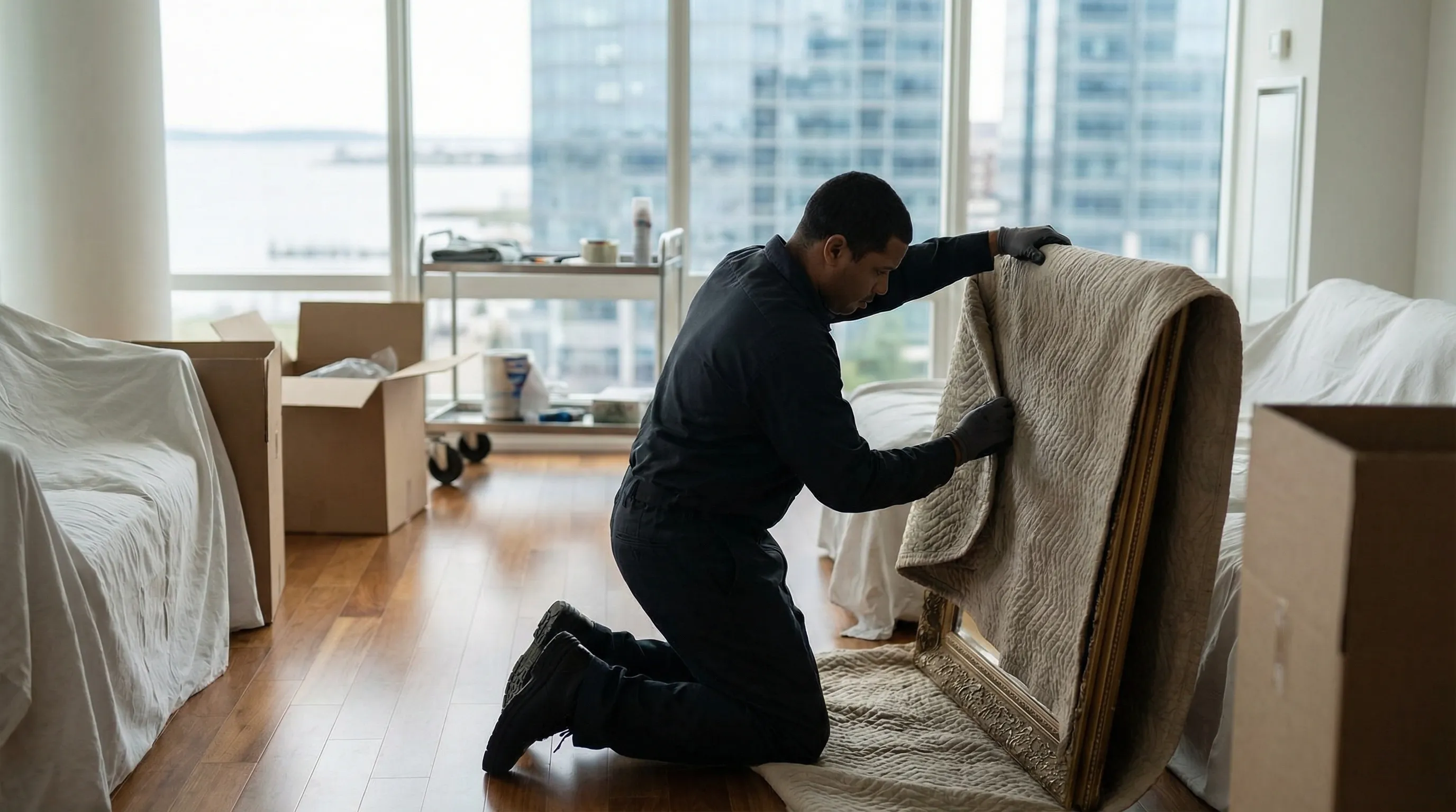 Professional moving crew loading a branded truck in front of a colonial home on a tree-lined Stamford, CT residential street