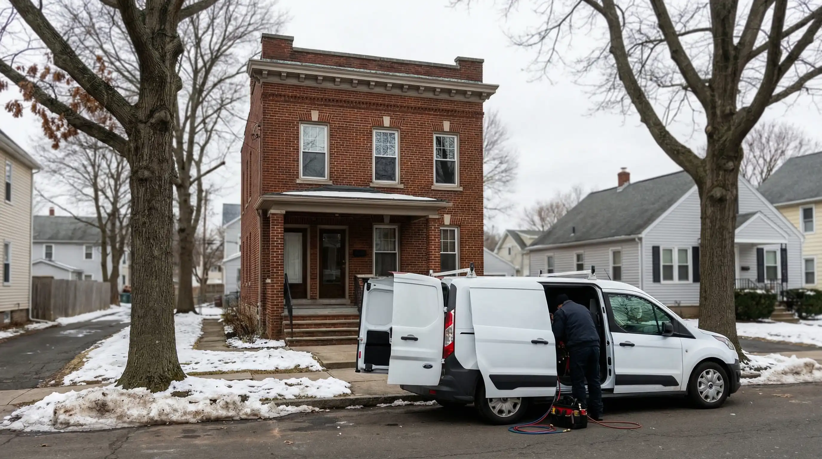 Professional HVAC technician servicing a cast-iron steam boiler in a pre-war New Haven basement, East Rock neighborhood