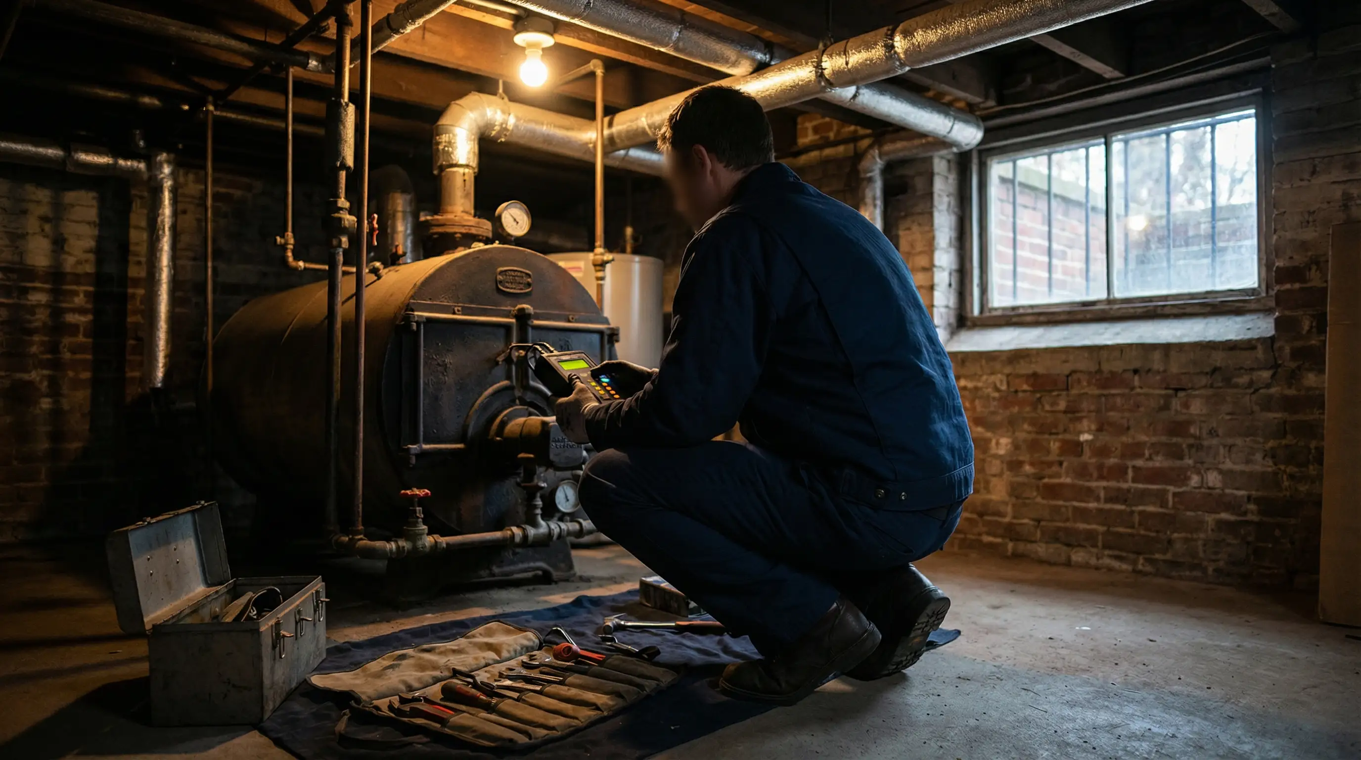 Professional HVAC technician servicing a cast-iron steam boiler in a pre-war New Haven basement, East Rock neighborhood