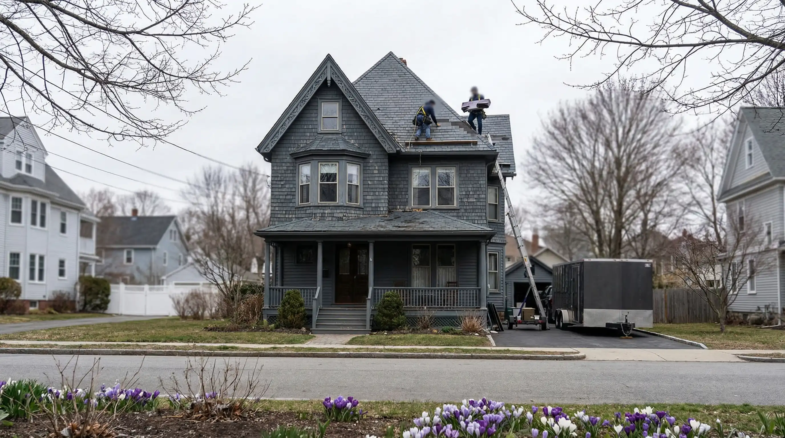 Professional roofing contractor inspecting storm damage on a Victorian-era New Haven home in the East Rock neighborhood, early spring