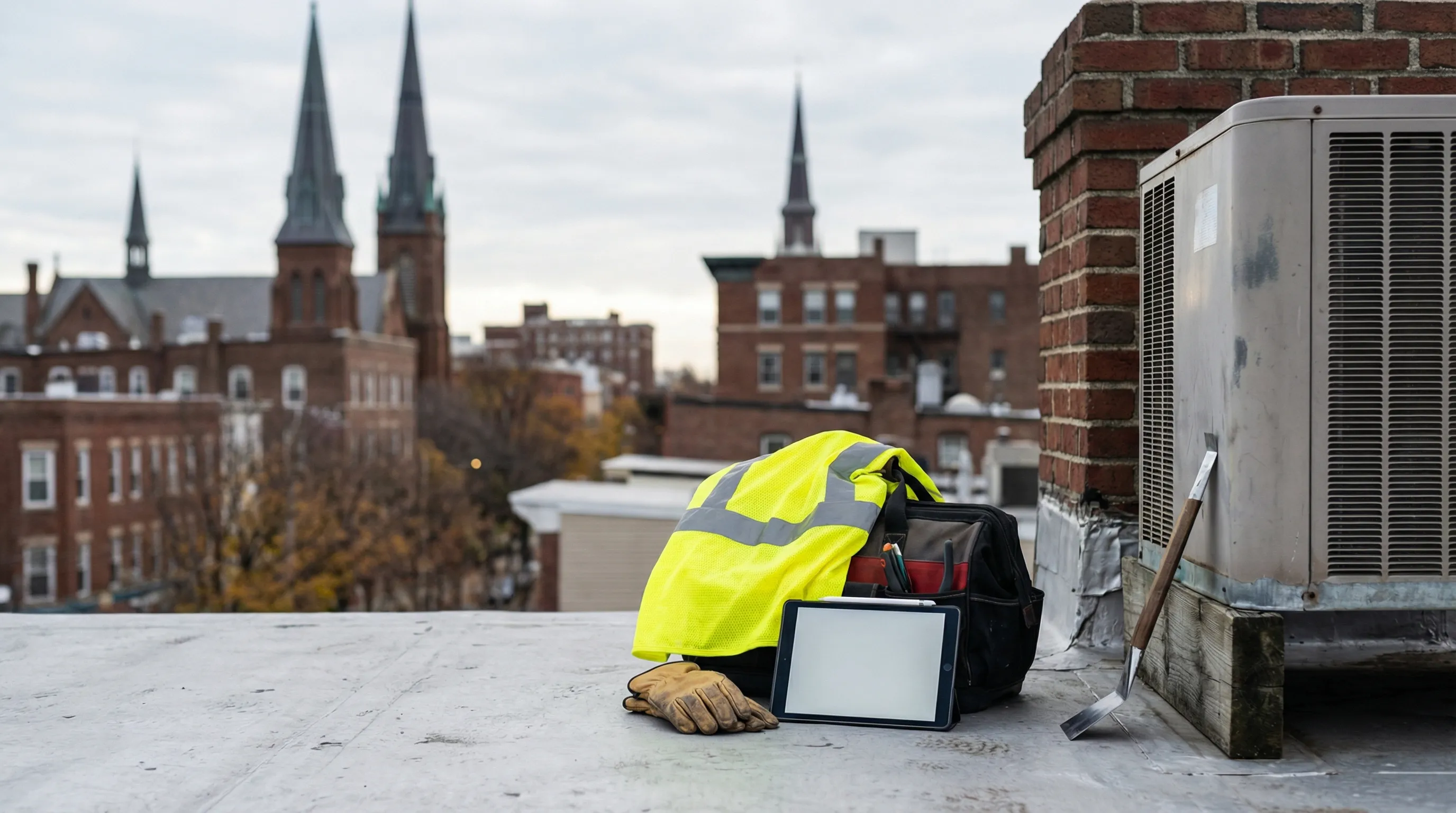 Professional roofing contractor inspecting storm damage on a Victorian-era New Haven home in the East Rock neighborhood, early spring