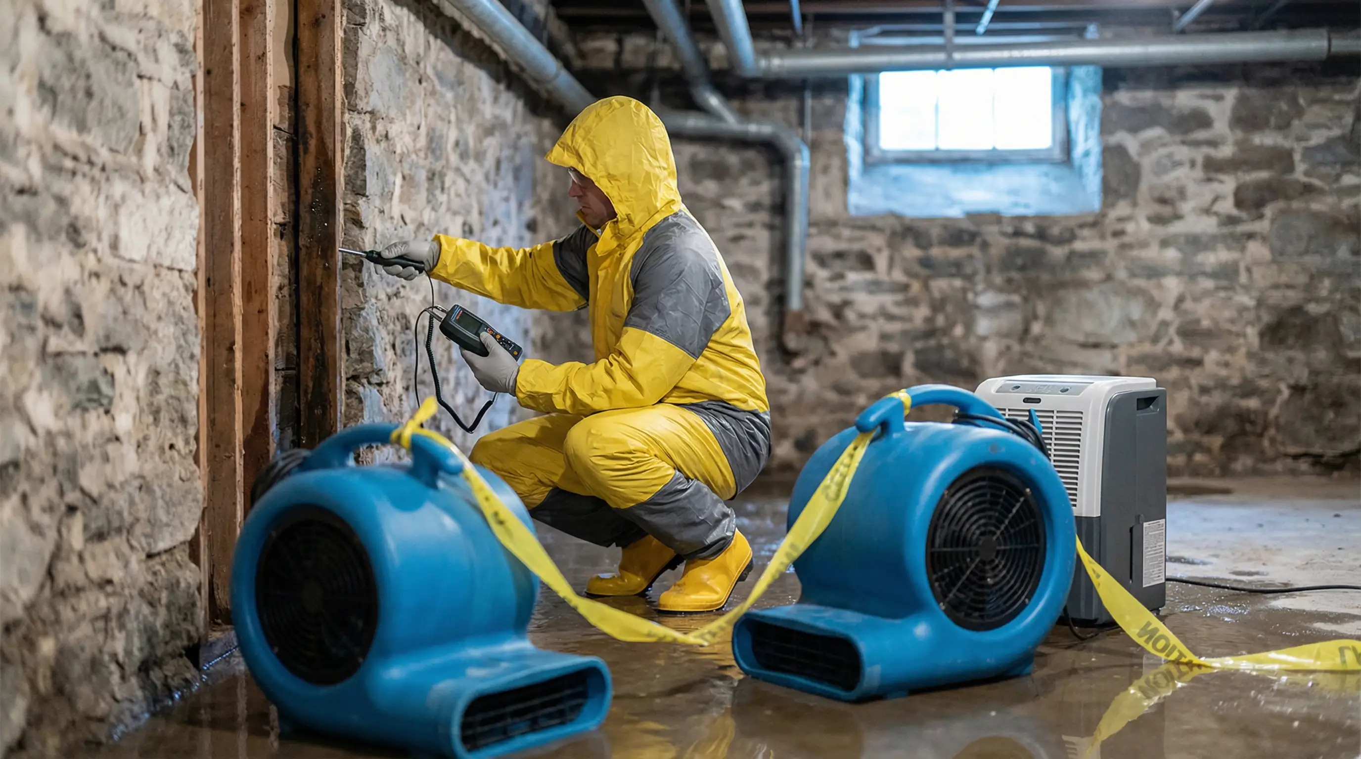 Water damage restoration technician operating industrial dehumidifier in a flooded New Haven basement, coastal neighborhood emergency response
