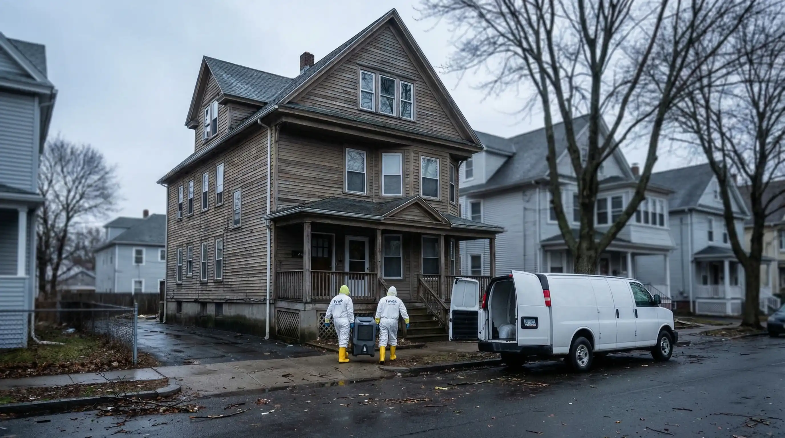 Water damage restoration technician operating industrial dehumidifier in a flooded New Haven basement, coastal neighborhood emergency response