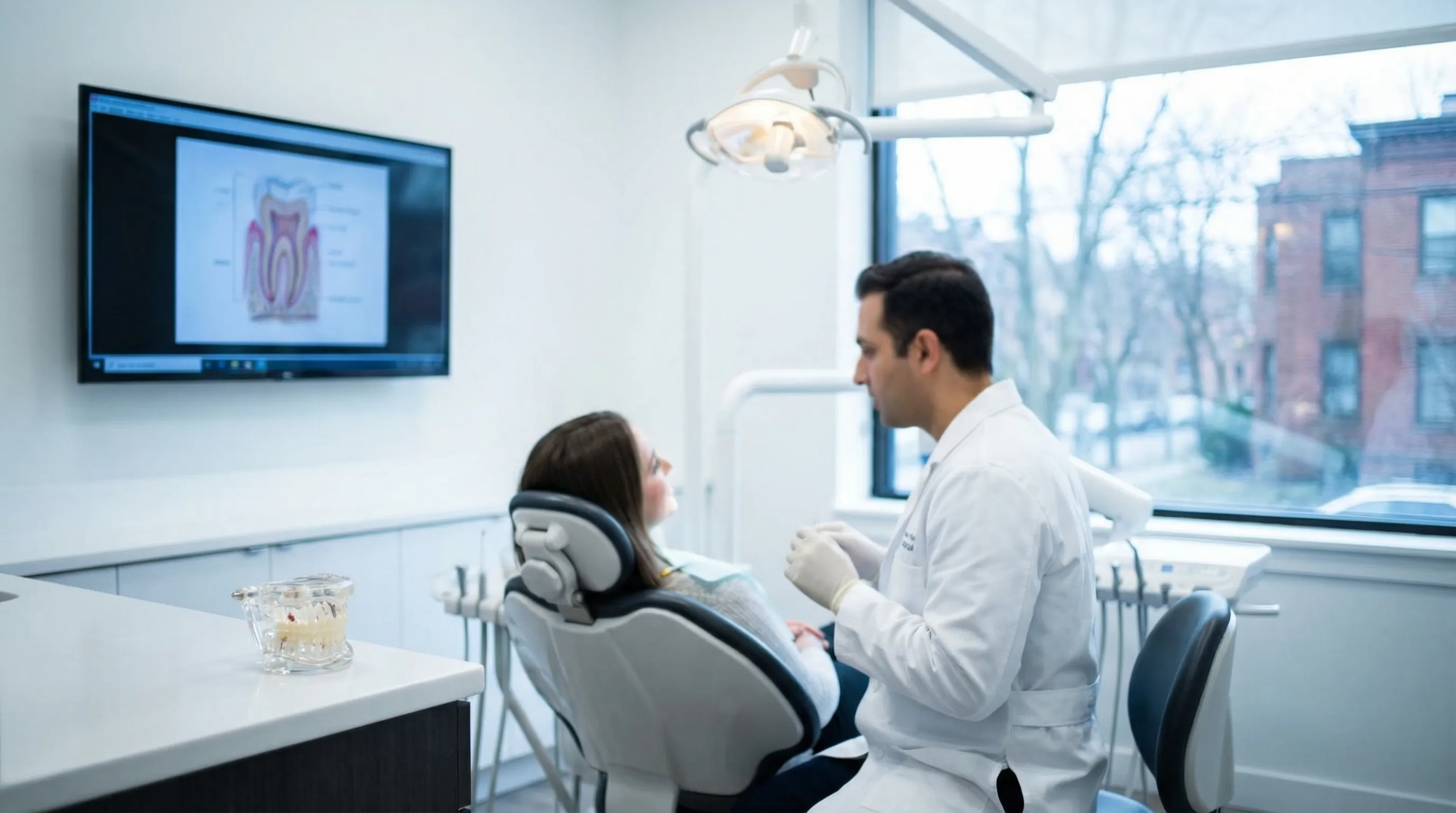 Modern dental practice interior in New Haven suburban office, dentist consulting with patient in clean bright operatory room